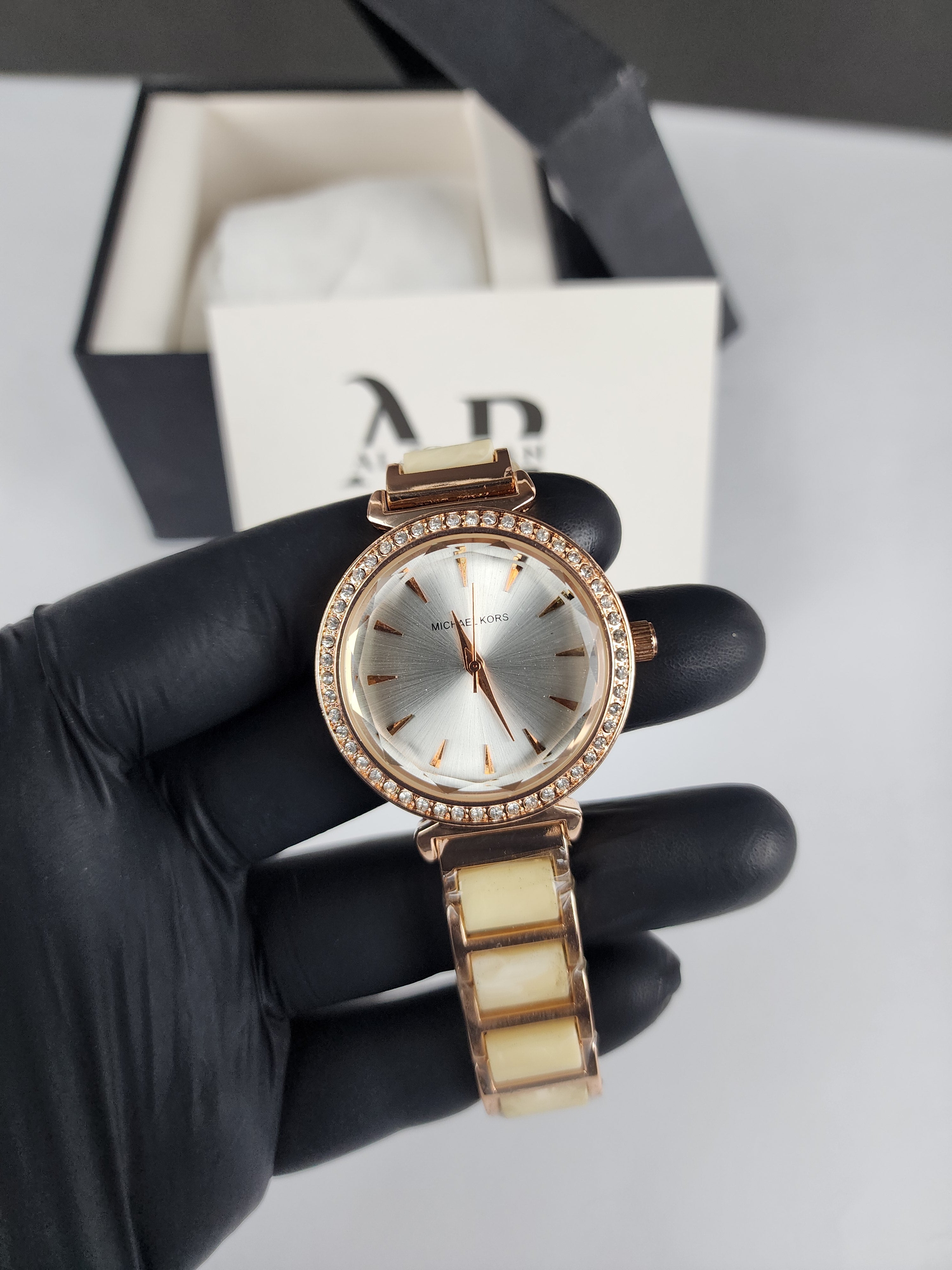 Michael Kors Ladies Stone Bezel Watch - Rose Gold & Golden Yellow - Silver Dial