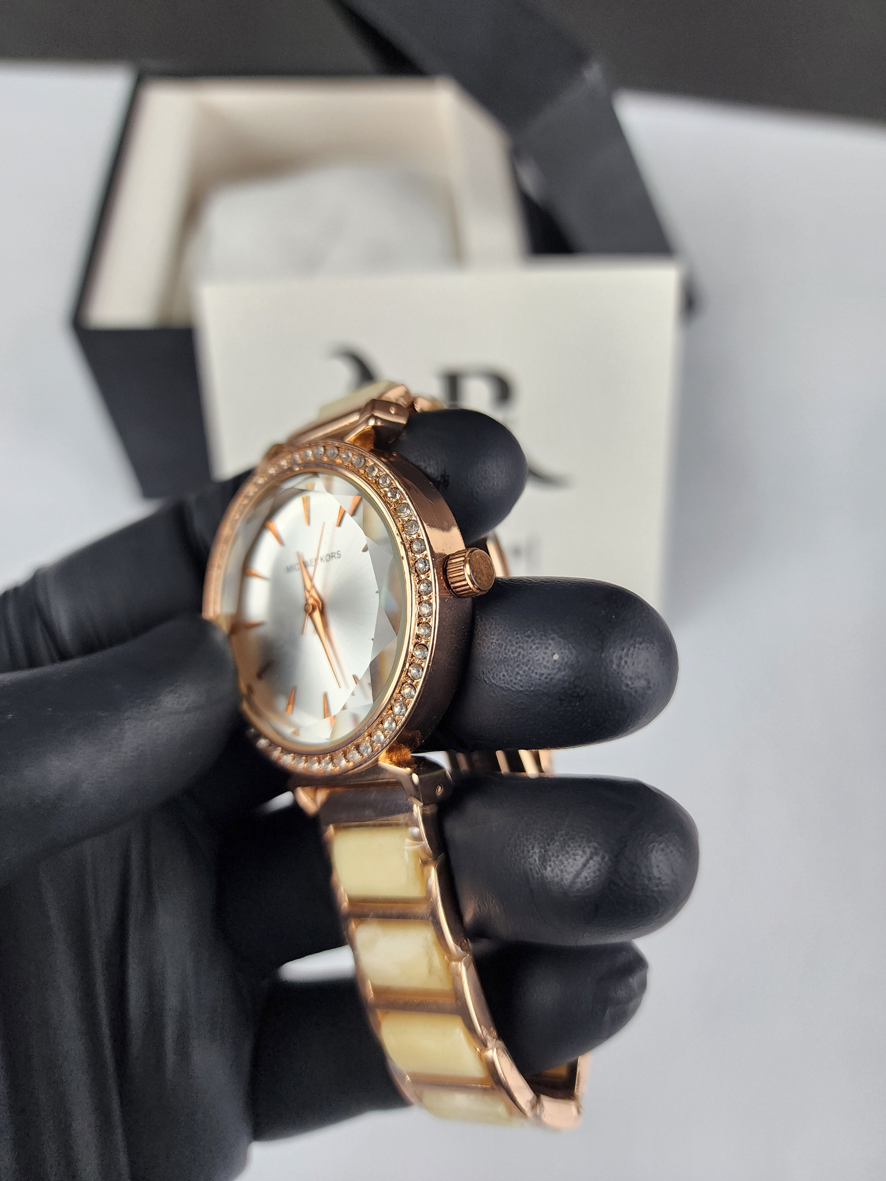 Michael Kors Ladies Stone Bezel Watch - Rose Gold & Golden Yellow - Silver Dial