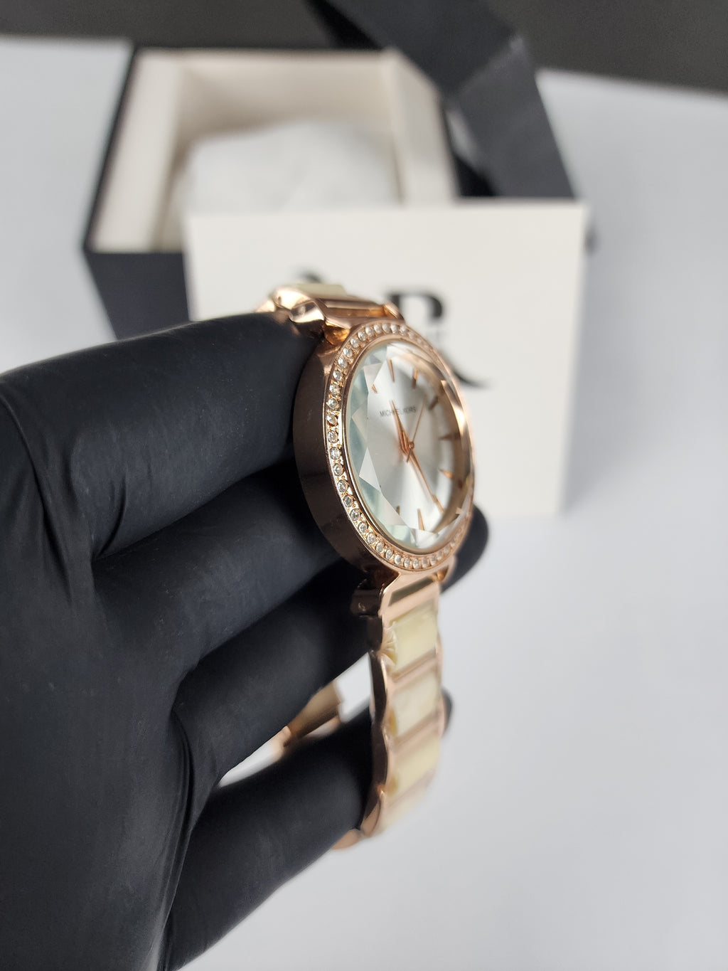 Michael Kors Ladies Stone Bezel Watch - Rose Gold & Golden Yellow - Silver Dial