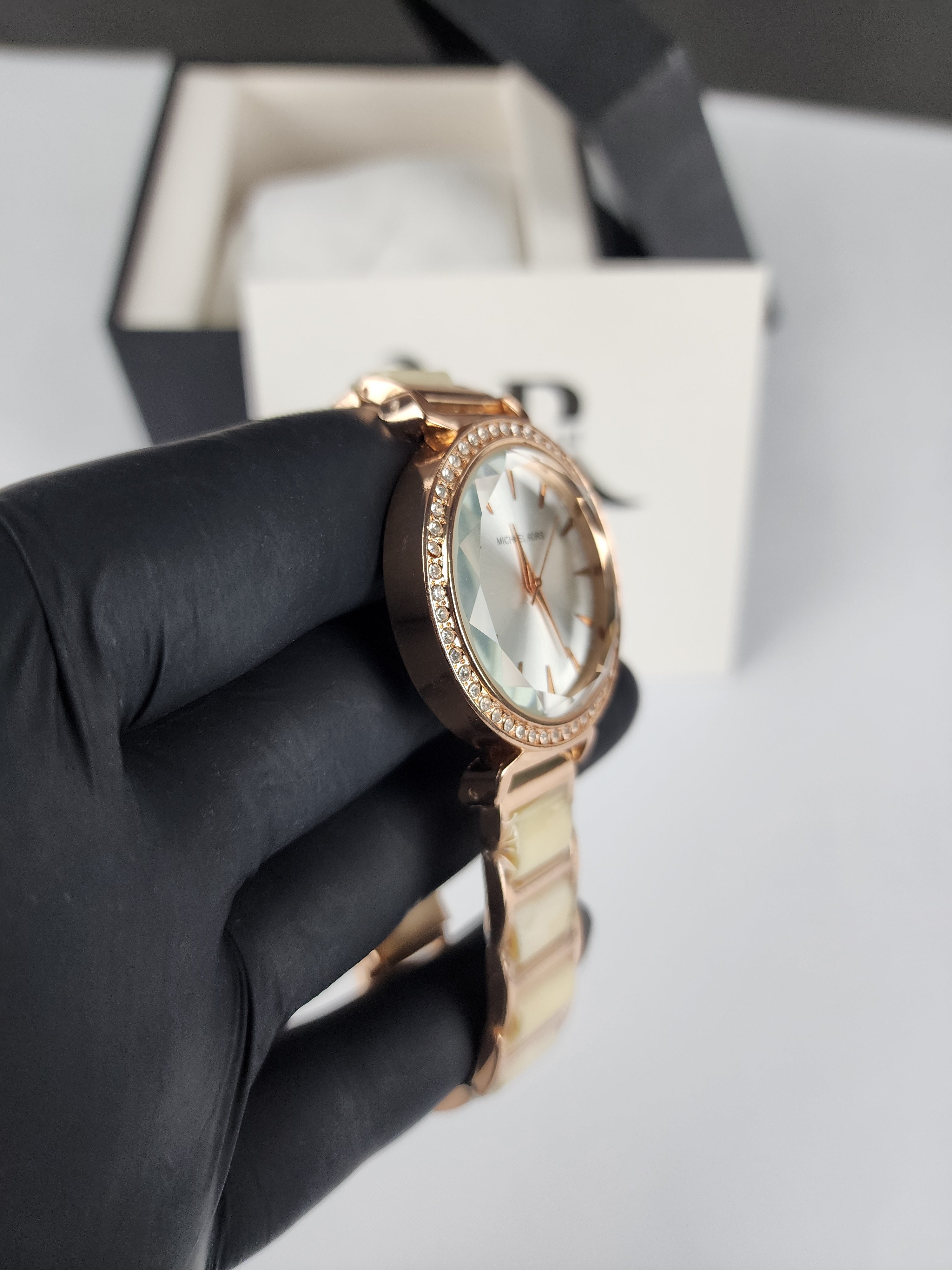 Michael Kors Ladies Stone Bezel Watch - Rose Gold & Golden Yellow - Silver Dial
