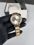 Michael Kors Ladies Stone Bezel Watch - Rose Gold & Golden Yellow - Silver Dial