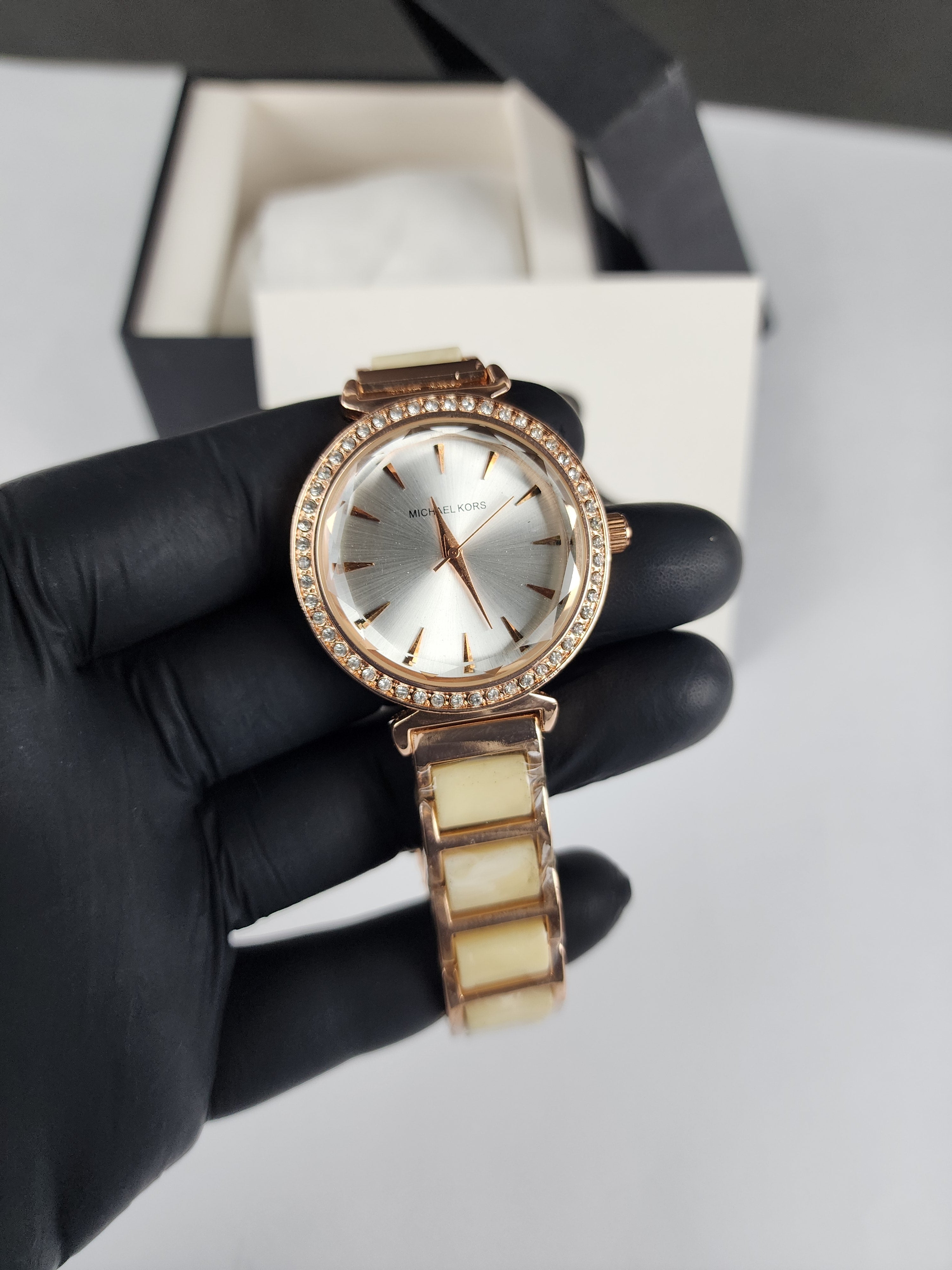 Michael Kors Ladies Stone Bezel Watch - Rose Gold & Golden Yellow - Silver Dial
