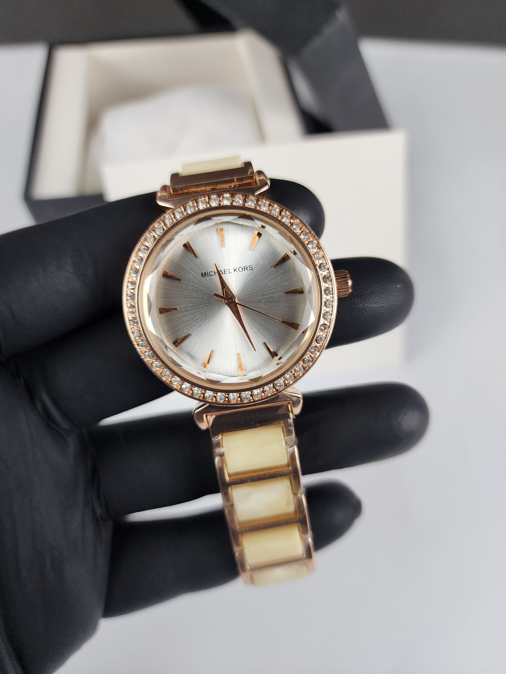 Michael Kors Ladies Stone Bezel Watch - Rose Gold & Golden Yellow - Silver Dial