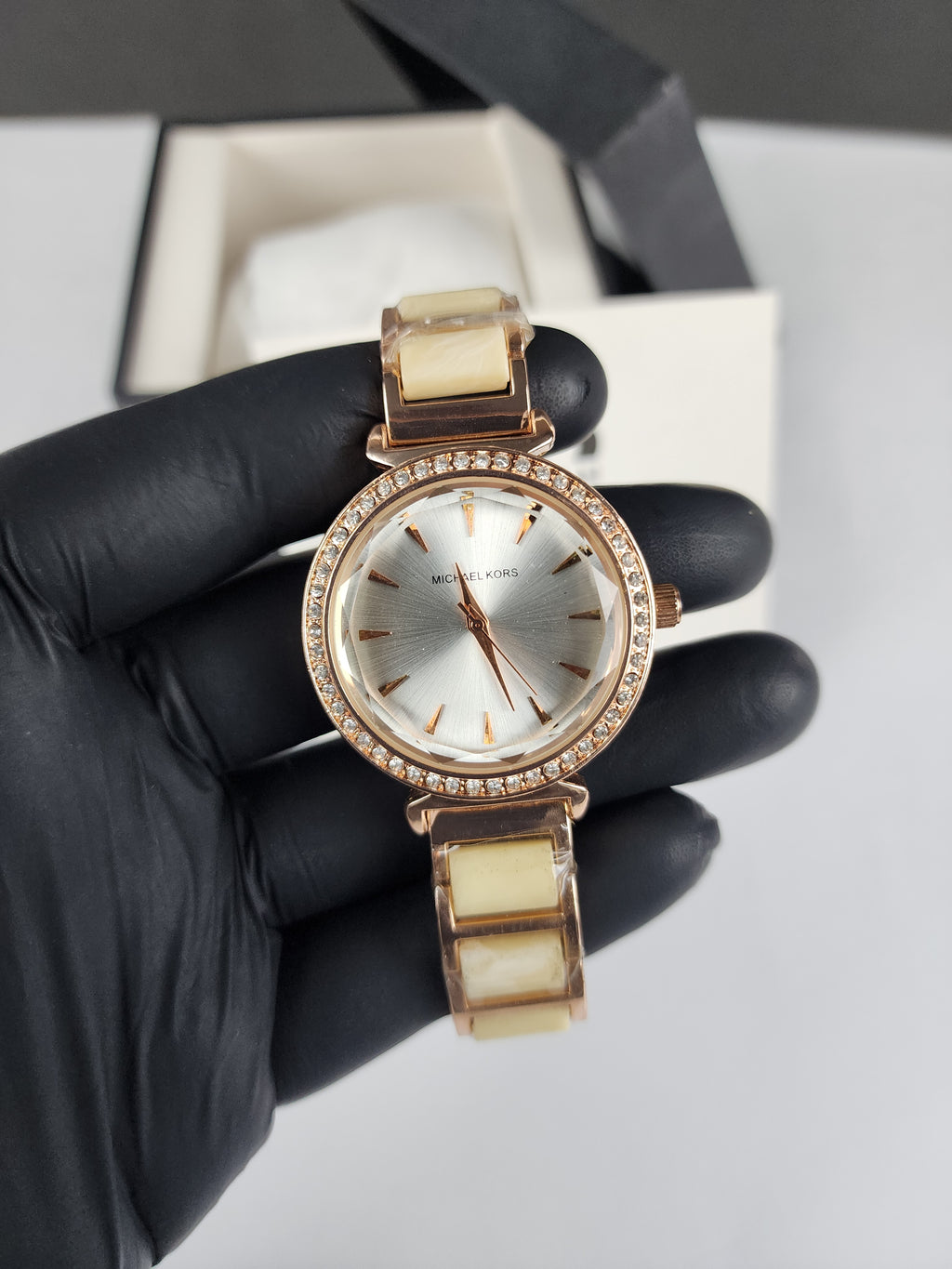 Michael Kors Ladies Stone Bezel Watch - Rose Gold & Golden Yellow - Silver Dial
