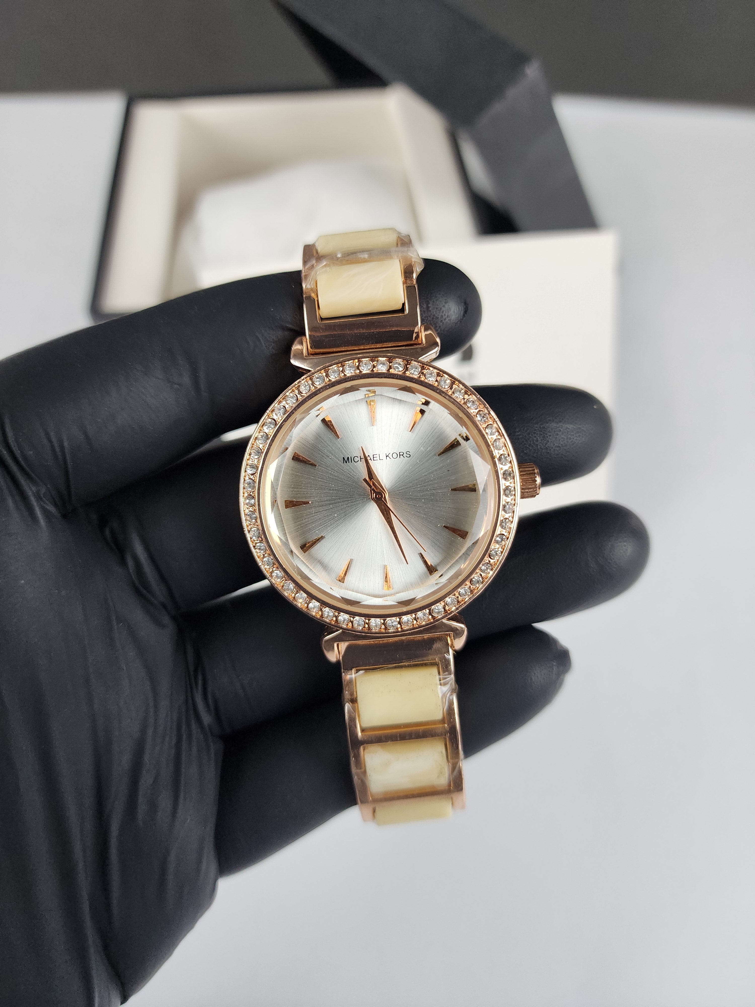 Michael Kors Ladies Stone Bezel Watch - Rose Gold & Golden Yellow - Silver Dial