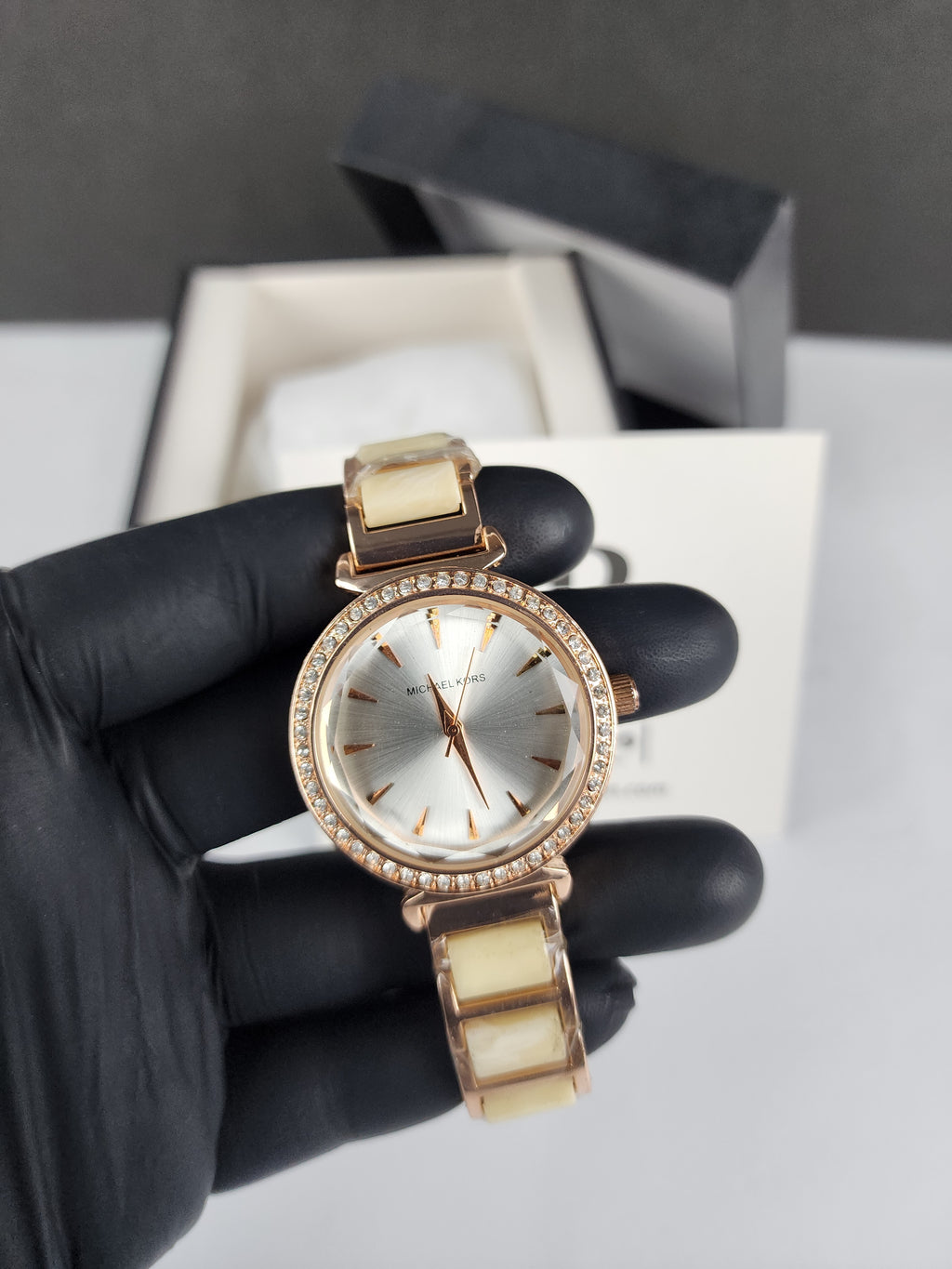 Michael Kors Ladies Stone Bezel Watch - Rose Gold & Golden Yellow - Silver Dial