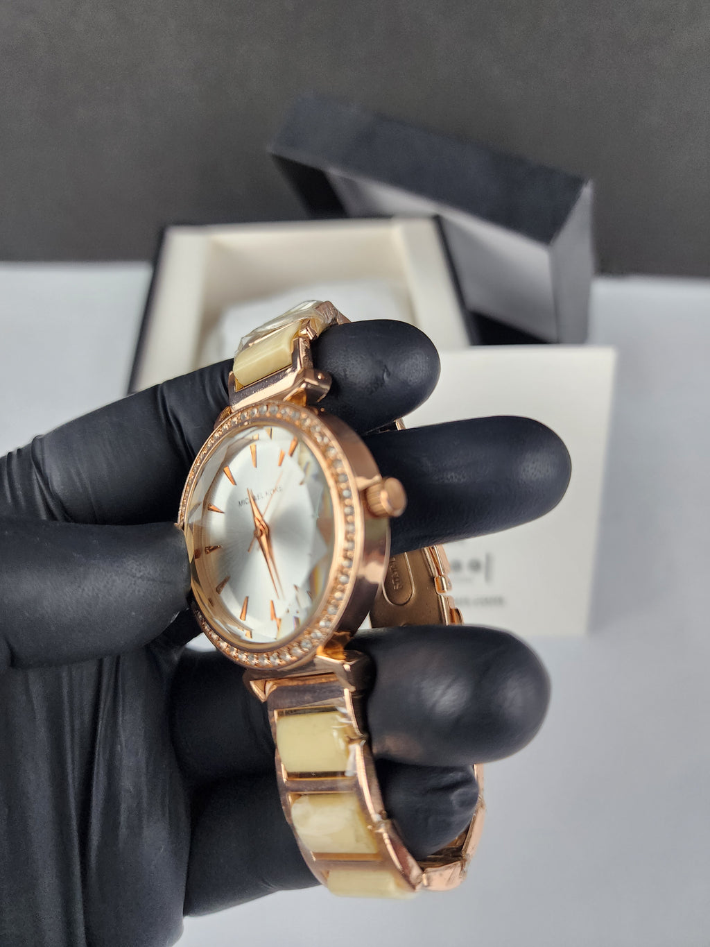 Michael Kors Ladies Stone Bezel Watch - Rose Gold & Golden Yellow - Silver Dial