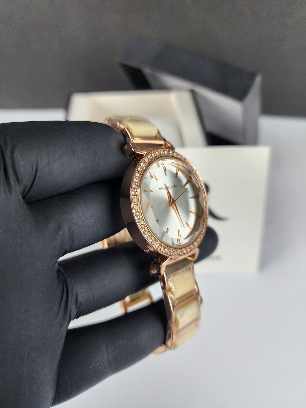 Michael Kors Ladies Stone Bezel Watch - Rose Gold & Golden Yellow - Silver Dial