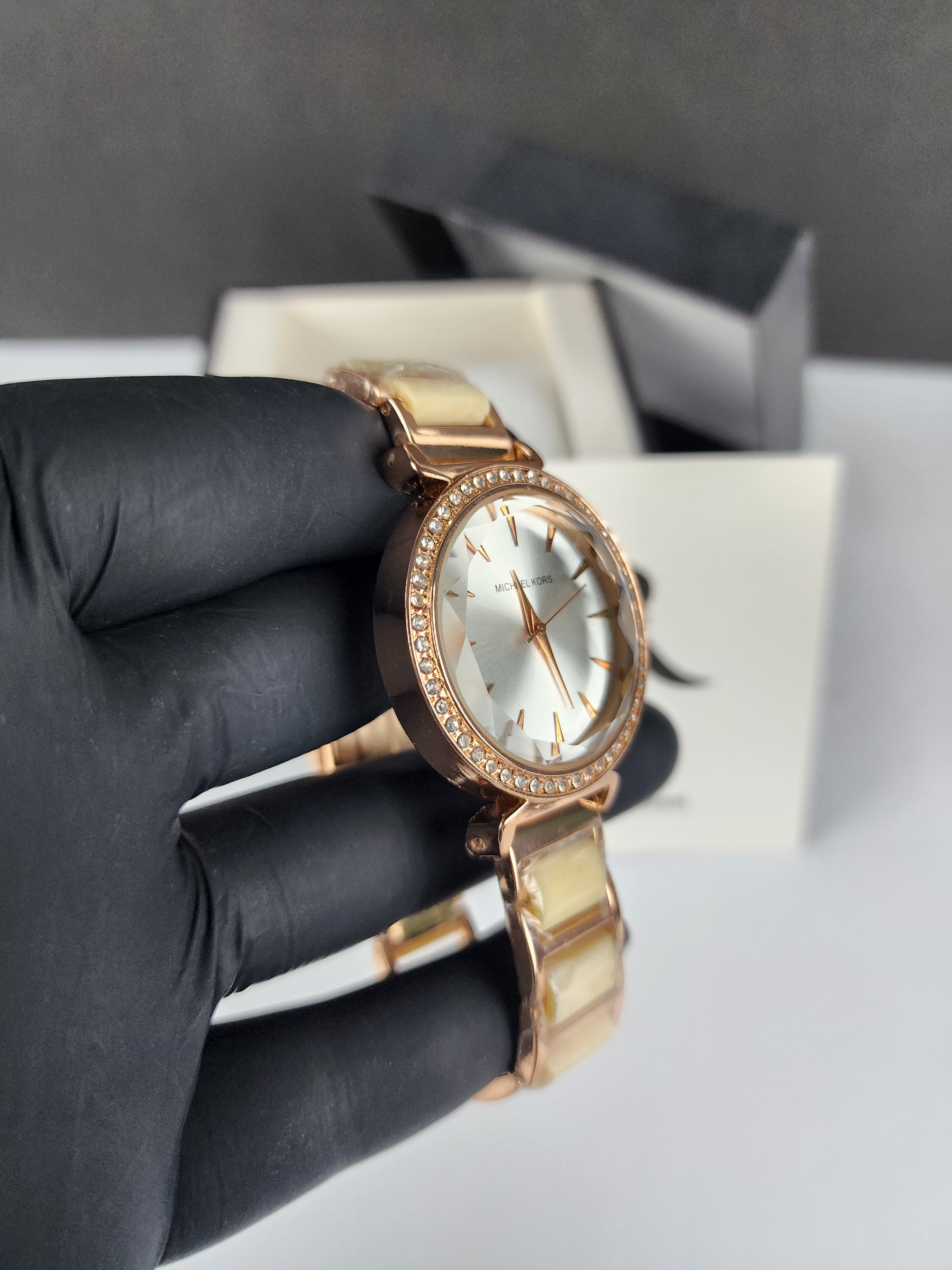 Michael Kors Ladies Stone Bezel Watch - Rose Gold & Golden Yellow - Silver Dial