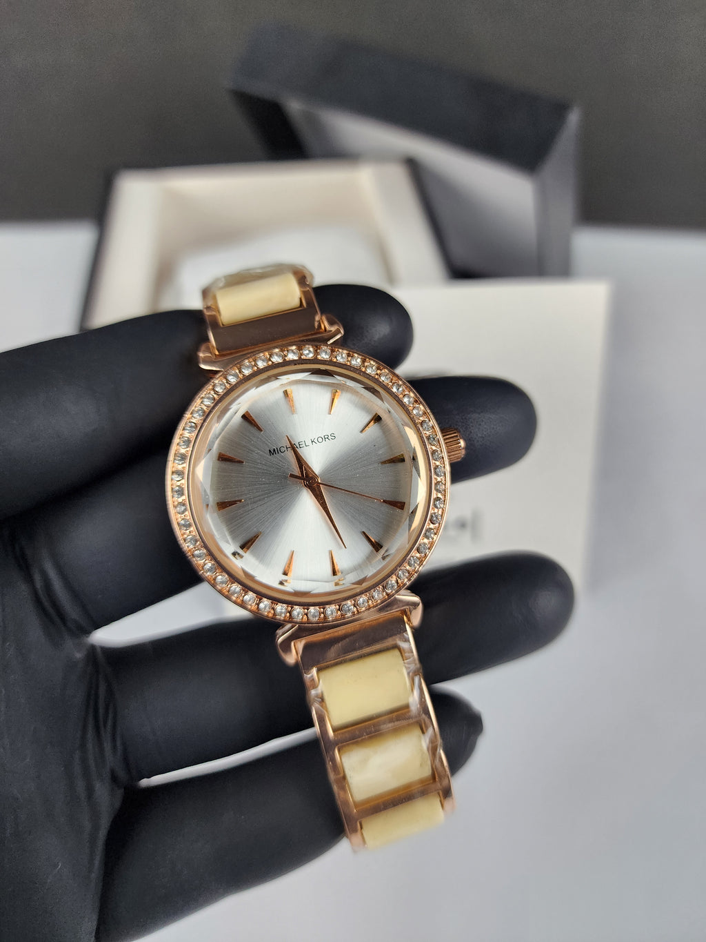 Michael Kors Ladies Stone Bezel Watch - Rose Gold & Golden Yellow - Silver Dial
