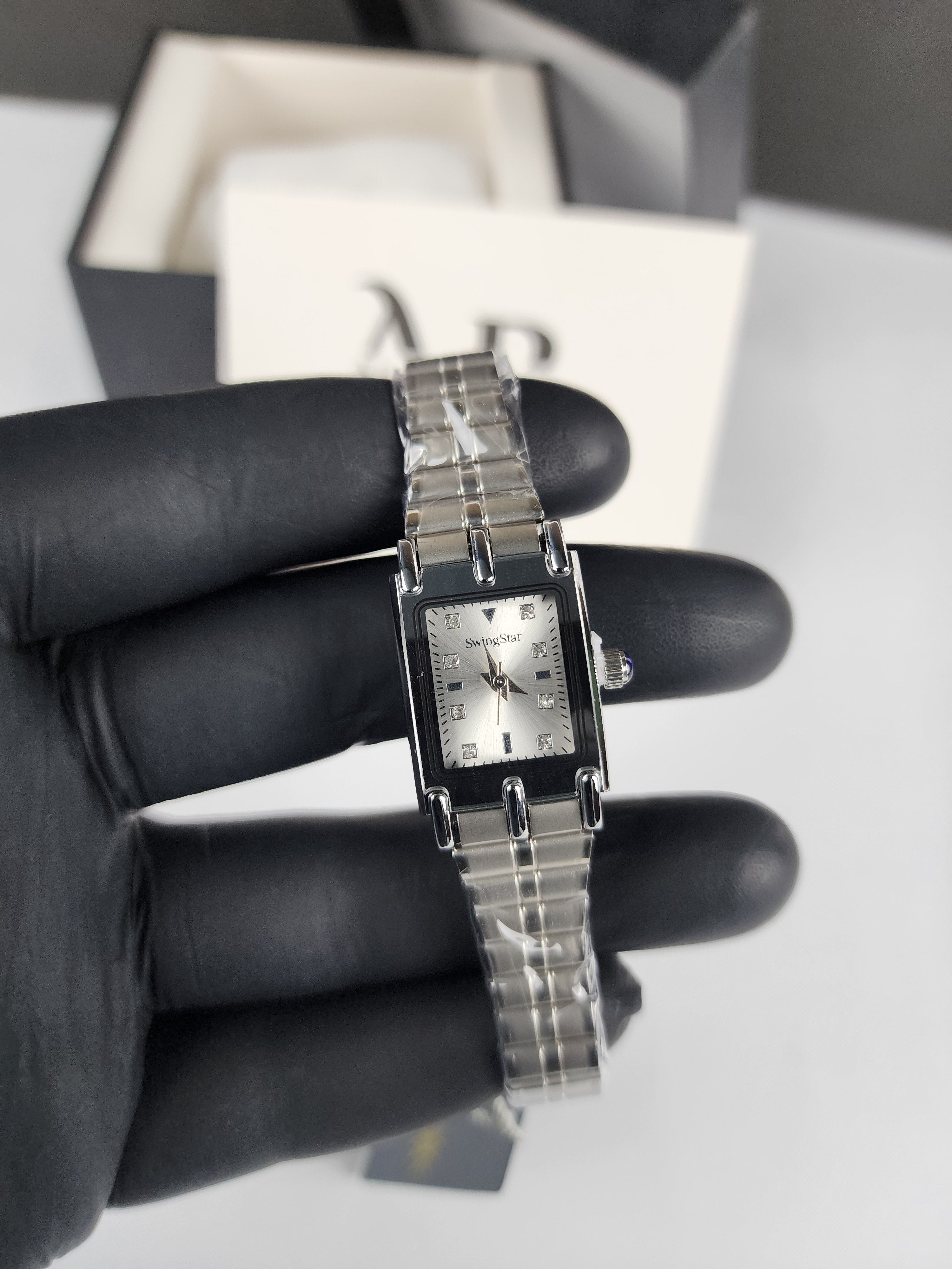 SwingStar Premium Ladies Rectangular Watch - Silver - Stone Dial