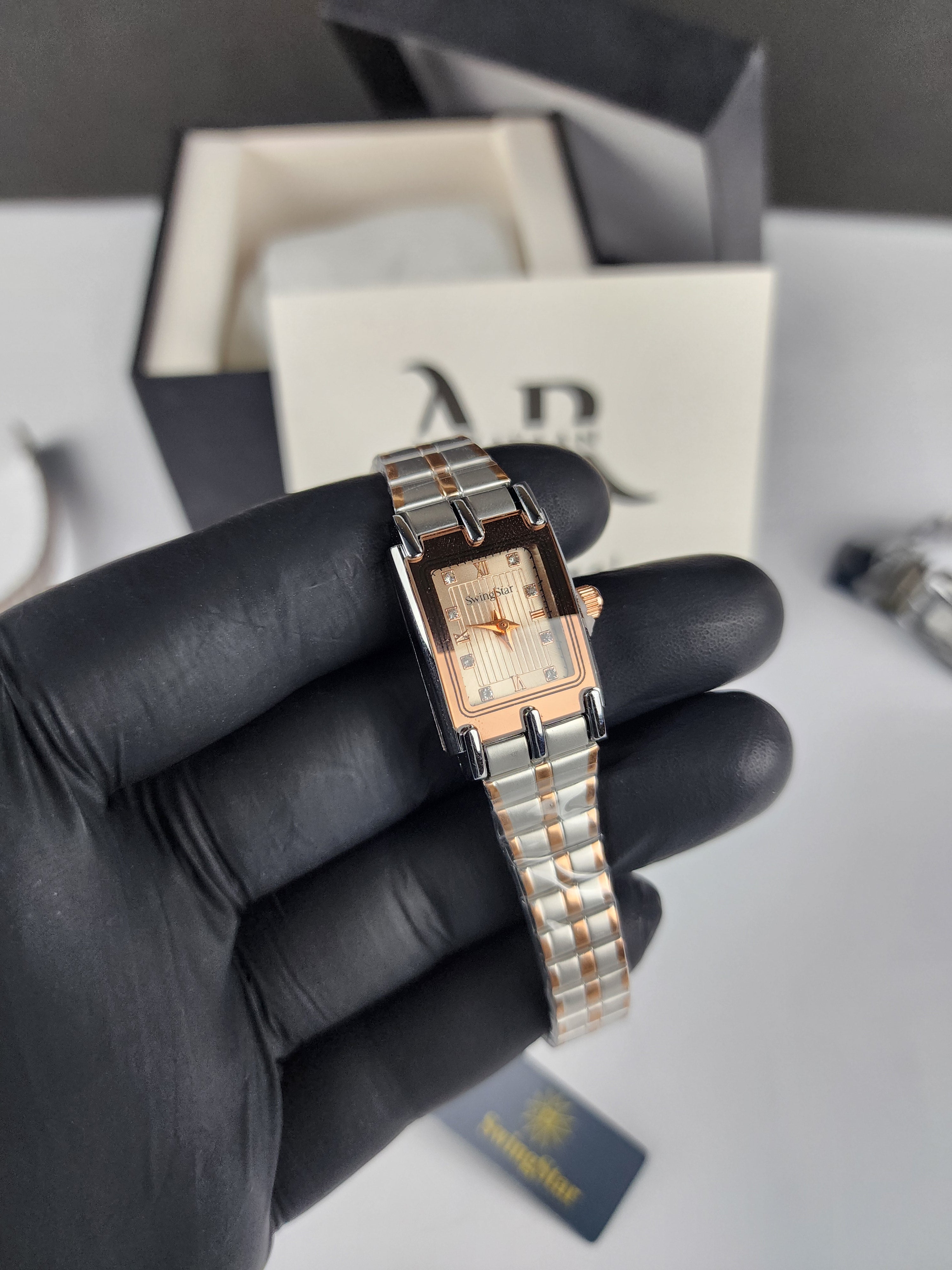 Swingstar Premium Ladies Rectangular Watch - Two Tone - Rose Copper - Metallic Sand Stone Dial