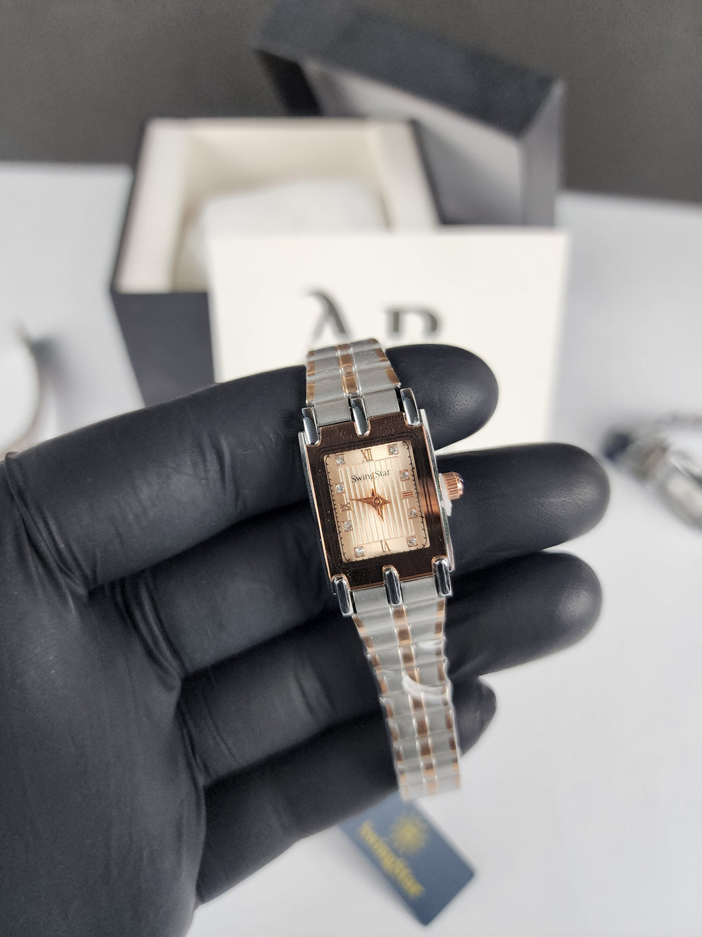 Swingstar Premium Ladies Rectangular Watch - Two Tone - Rose Copper - Metallic Sand Stone Dial