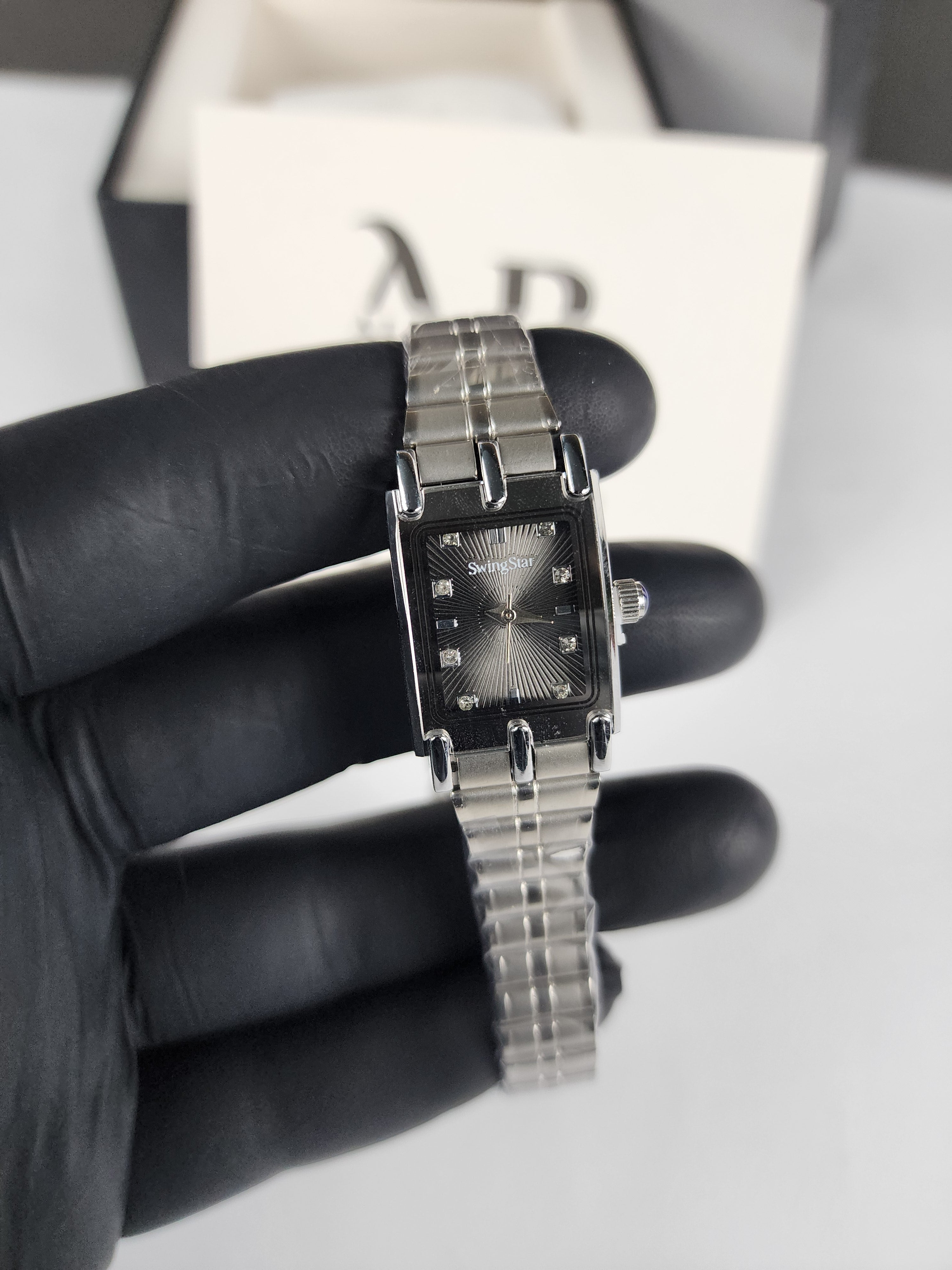 Swingstar Premium Ladies Rectangular Watch - Silver - Black Stone Dial