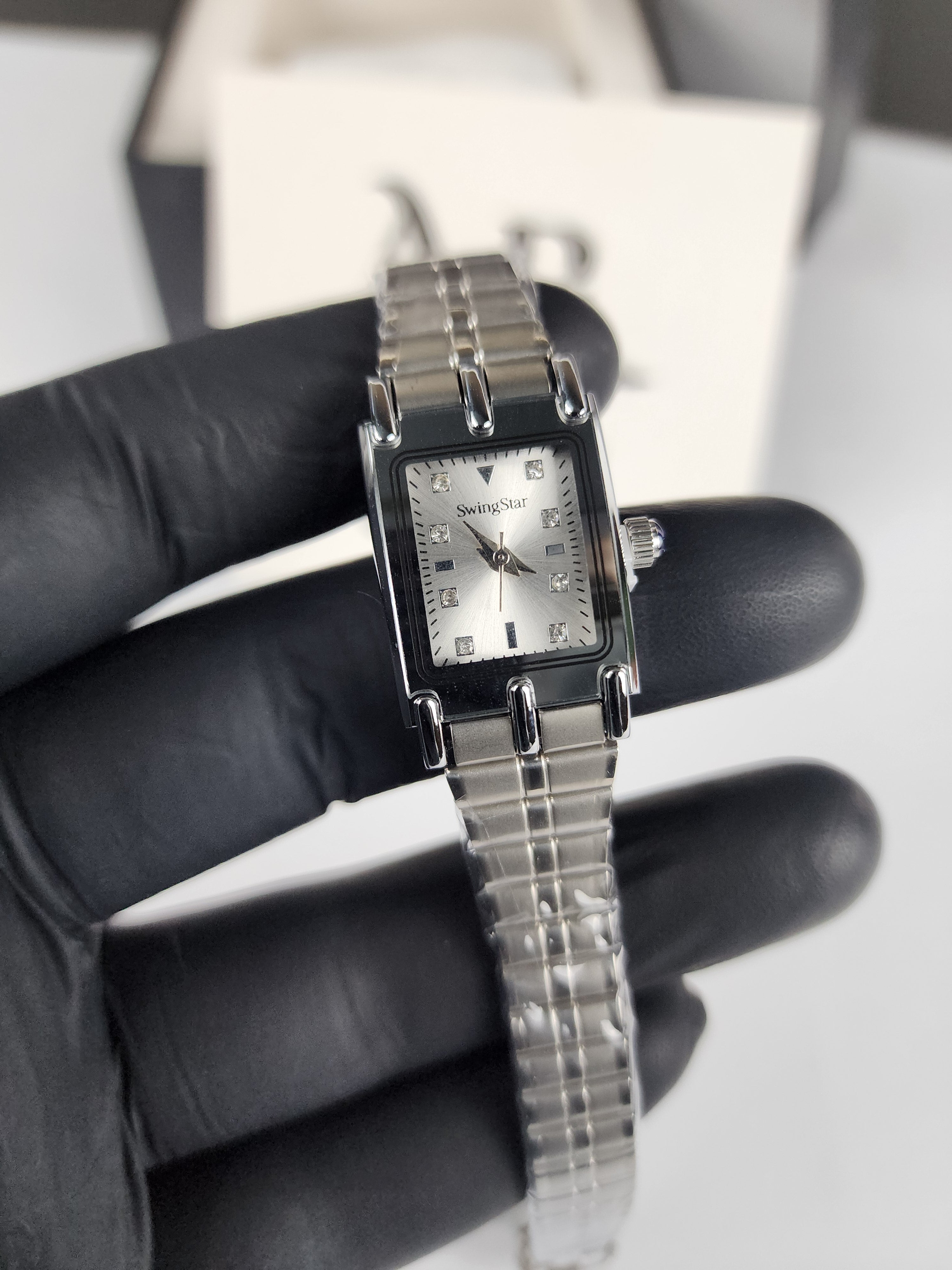 SwingStar Premium Ladies Rectangular Watch - Silver - Stone Dial