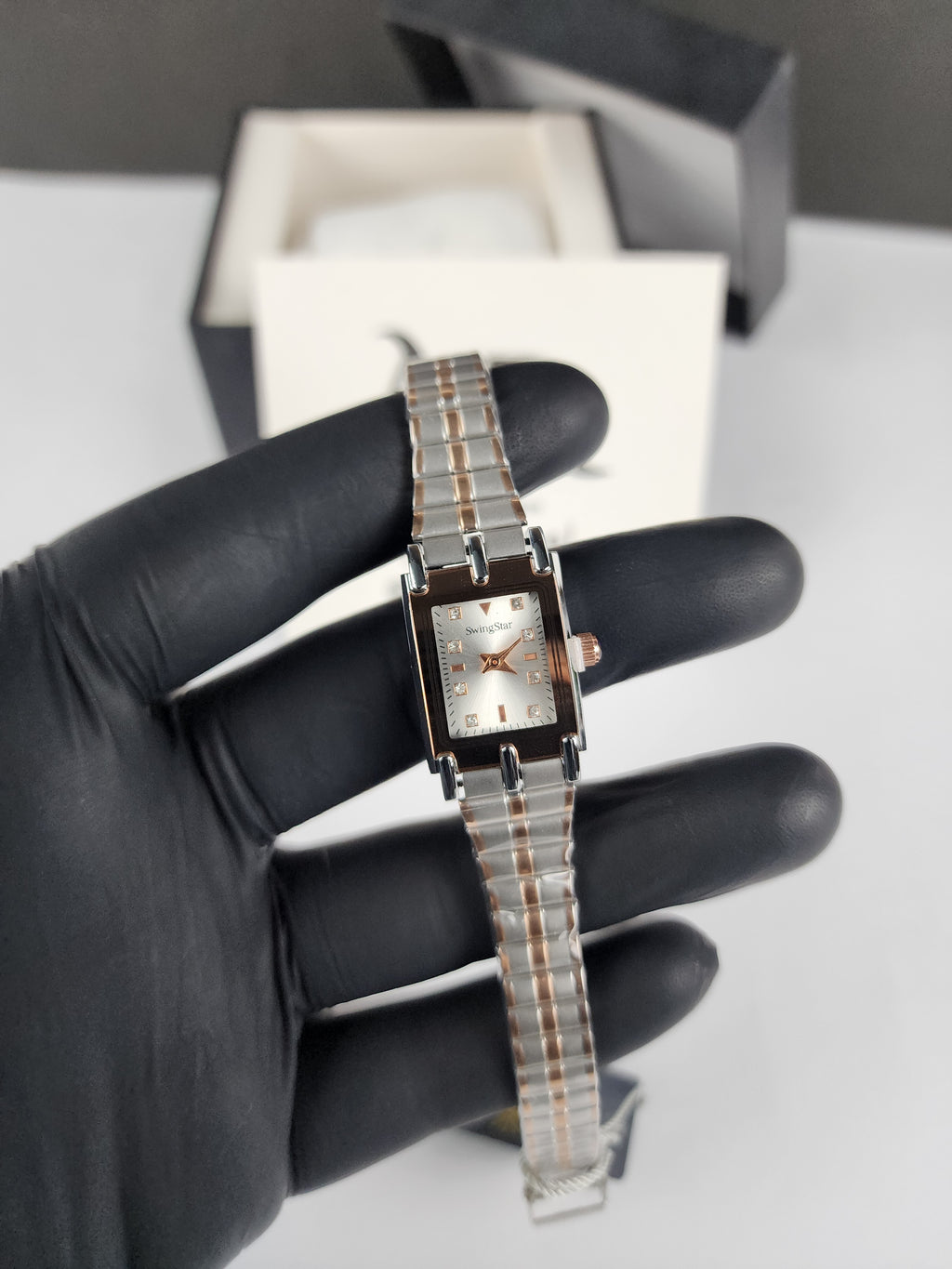 Swingstar Premium Ladies Rectangular Watch - Two Tone - Rose Copper - Silver Stone Dial