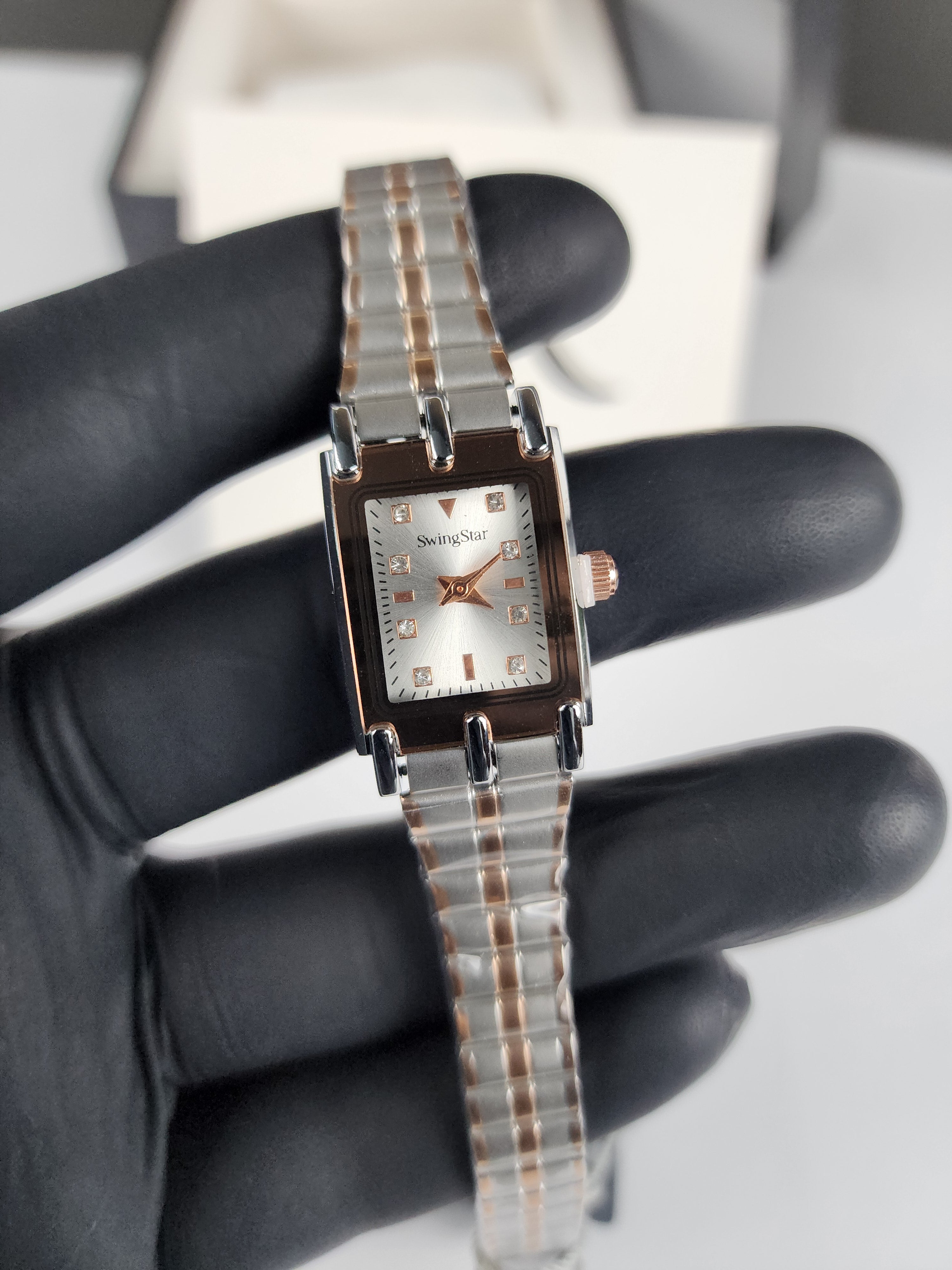 Swingstar Premium Ladies Rectangular Watch - Two Tone - Rose Copper - Silver Stone Dial
