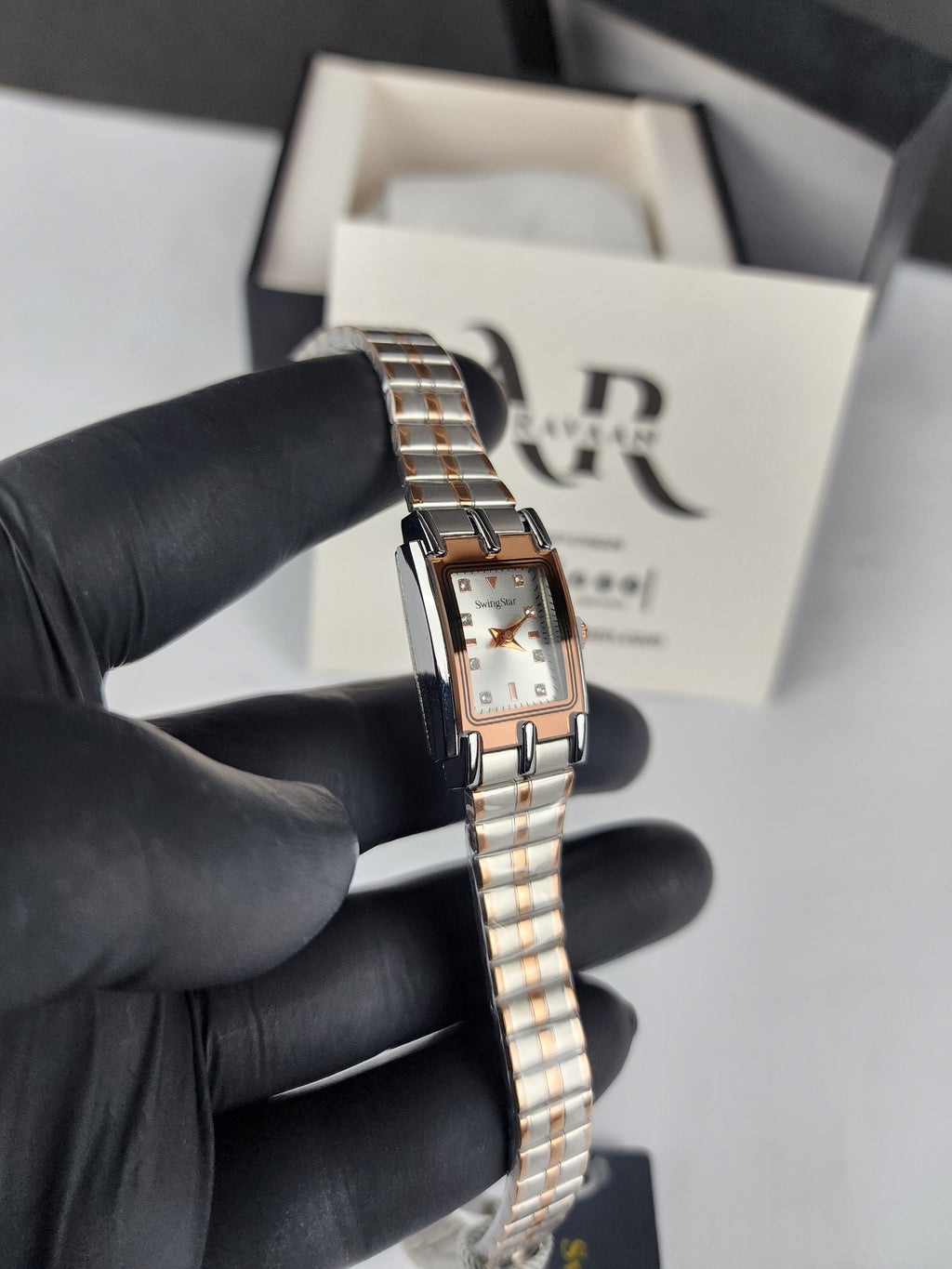 Swingstar Premium Ladies Rectangular Watch - Two Tone - Rose Copper - Silver Stone Dial