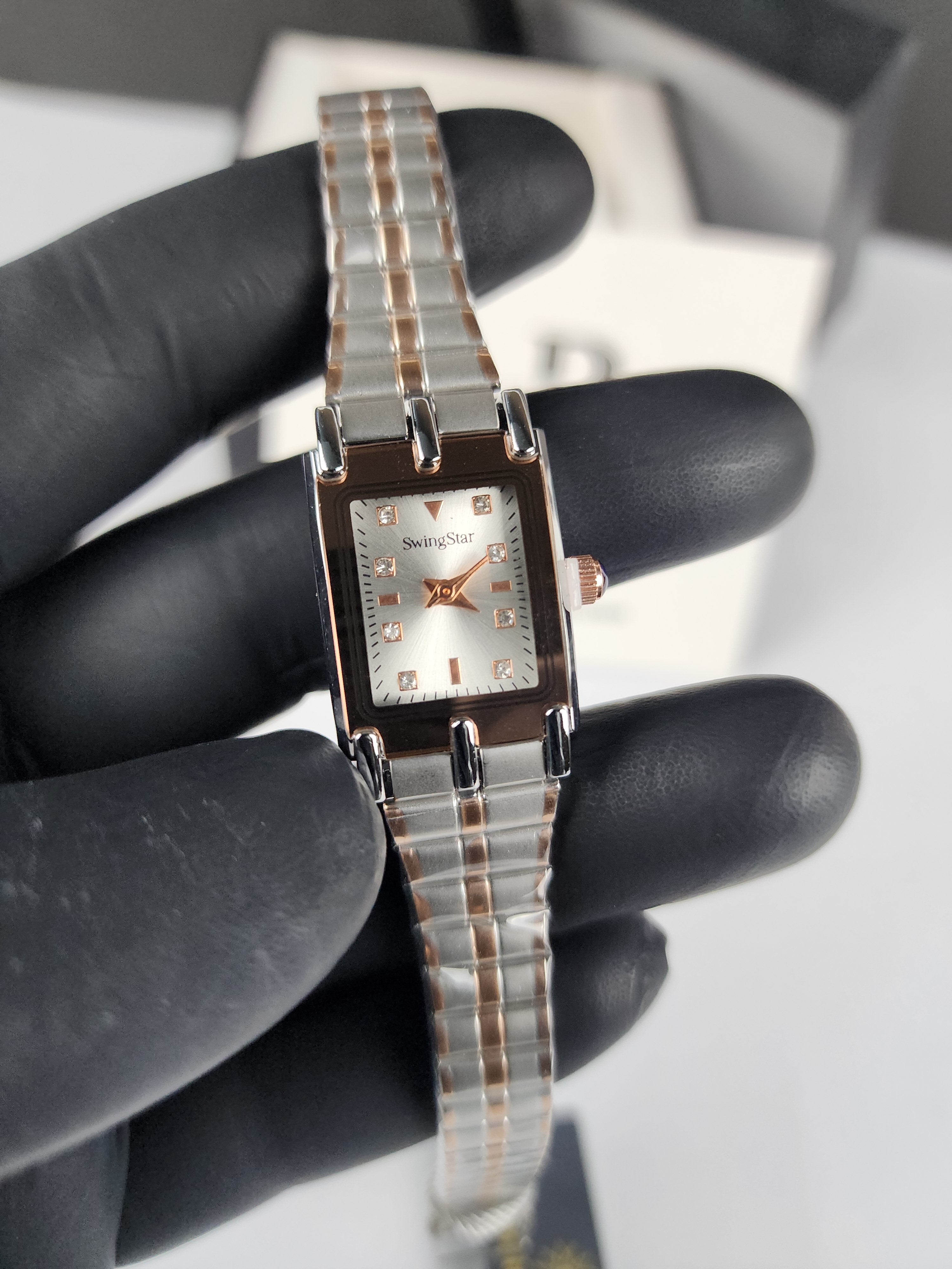 Swingstar Premium Ladies Rectangular Watch - Two Tone - Rose Copper - Silver Stone Dial