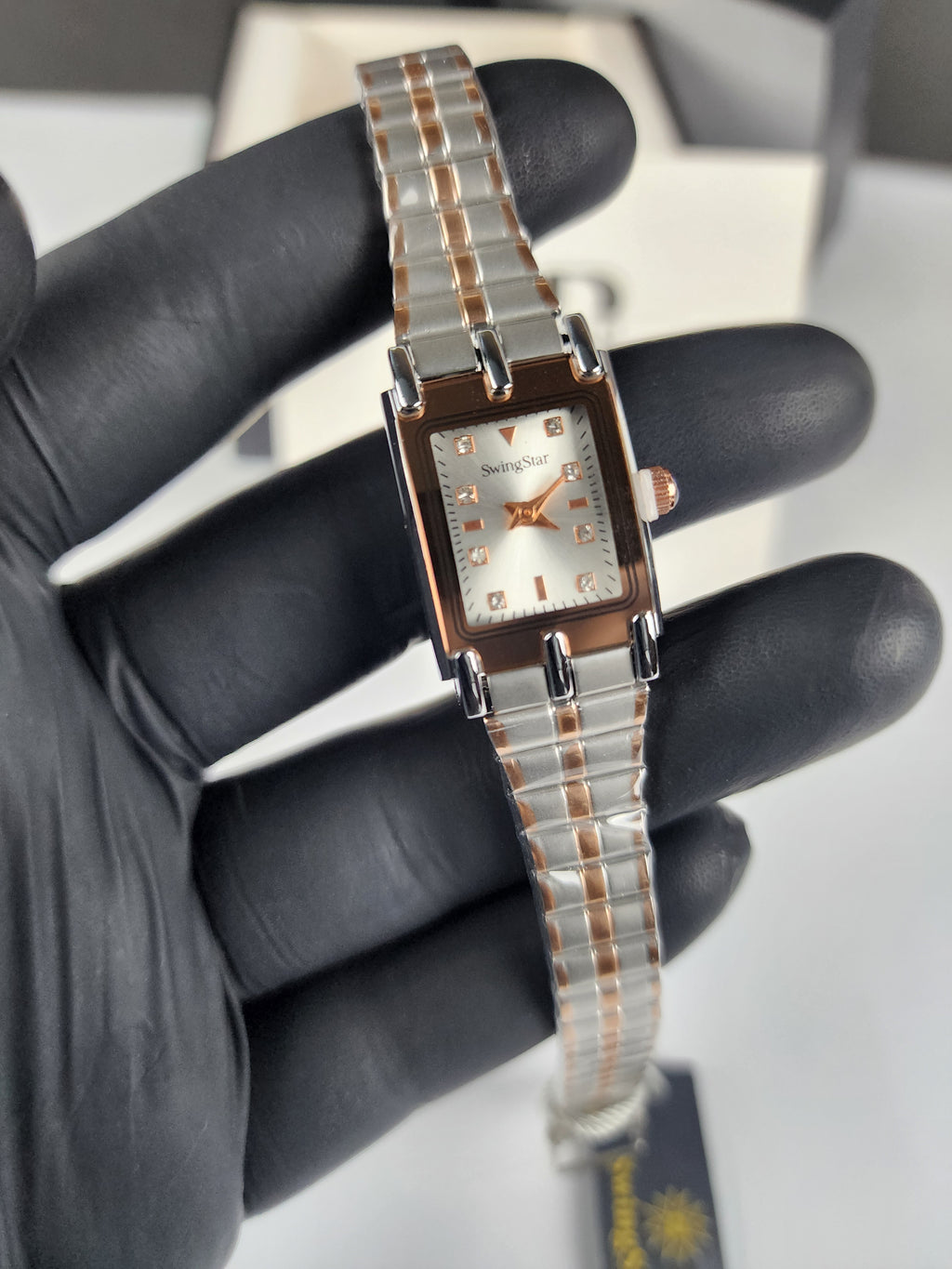 Swingstar Premium Ladies Rectangular Watch - Two Tone - Rose Copper - Silver Stone Dial