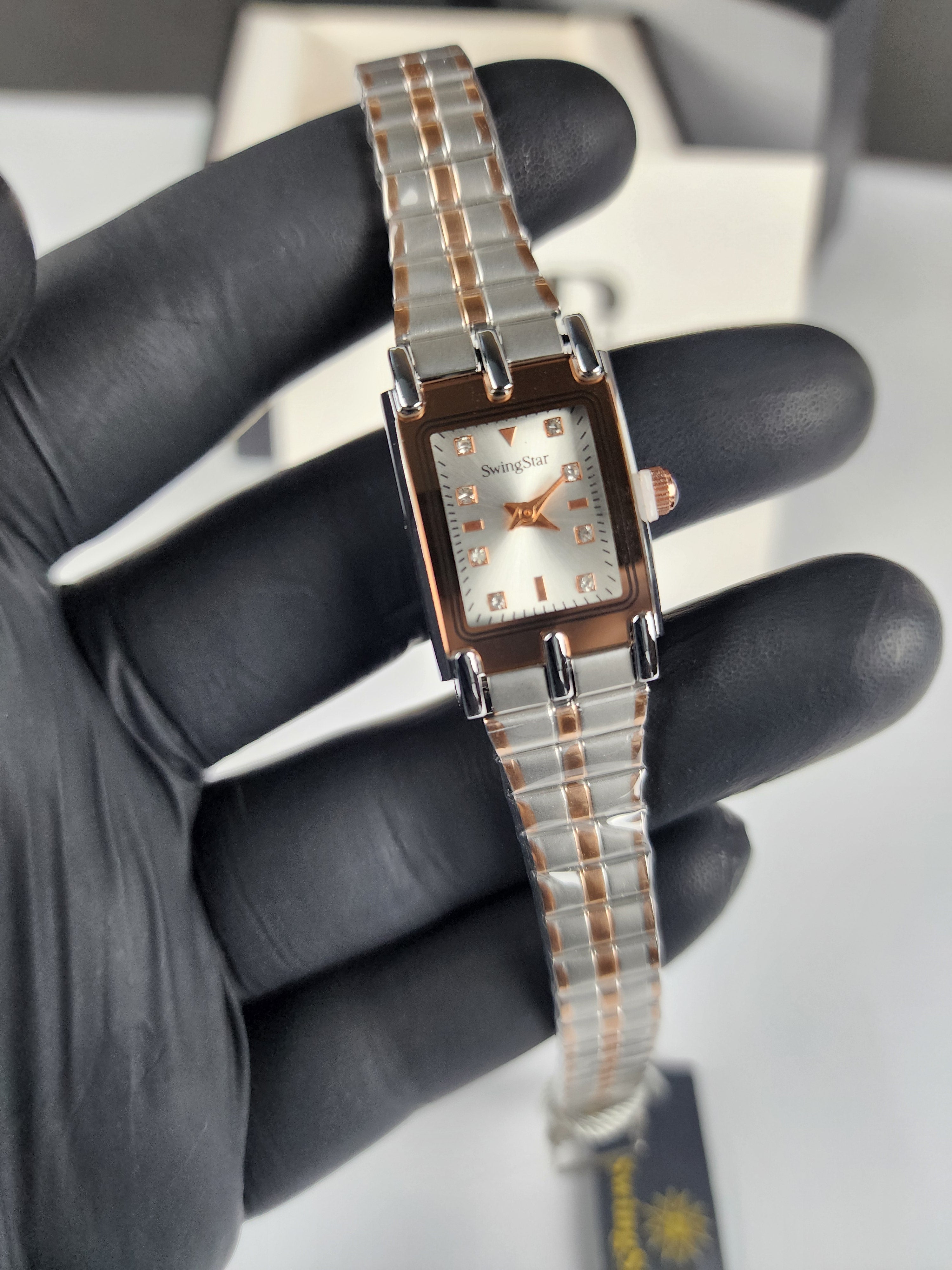 Swingstar Premium Ladies Rectangular Watch - Two Tone - Rose Copper - Silver Stone Dial