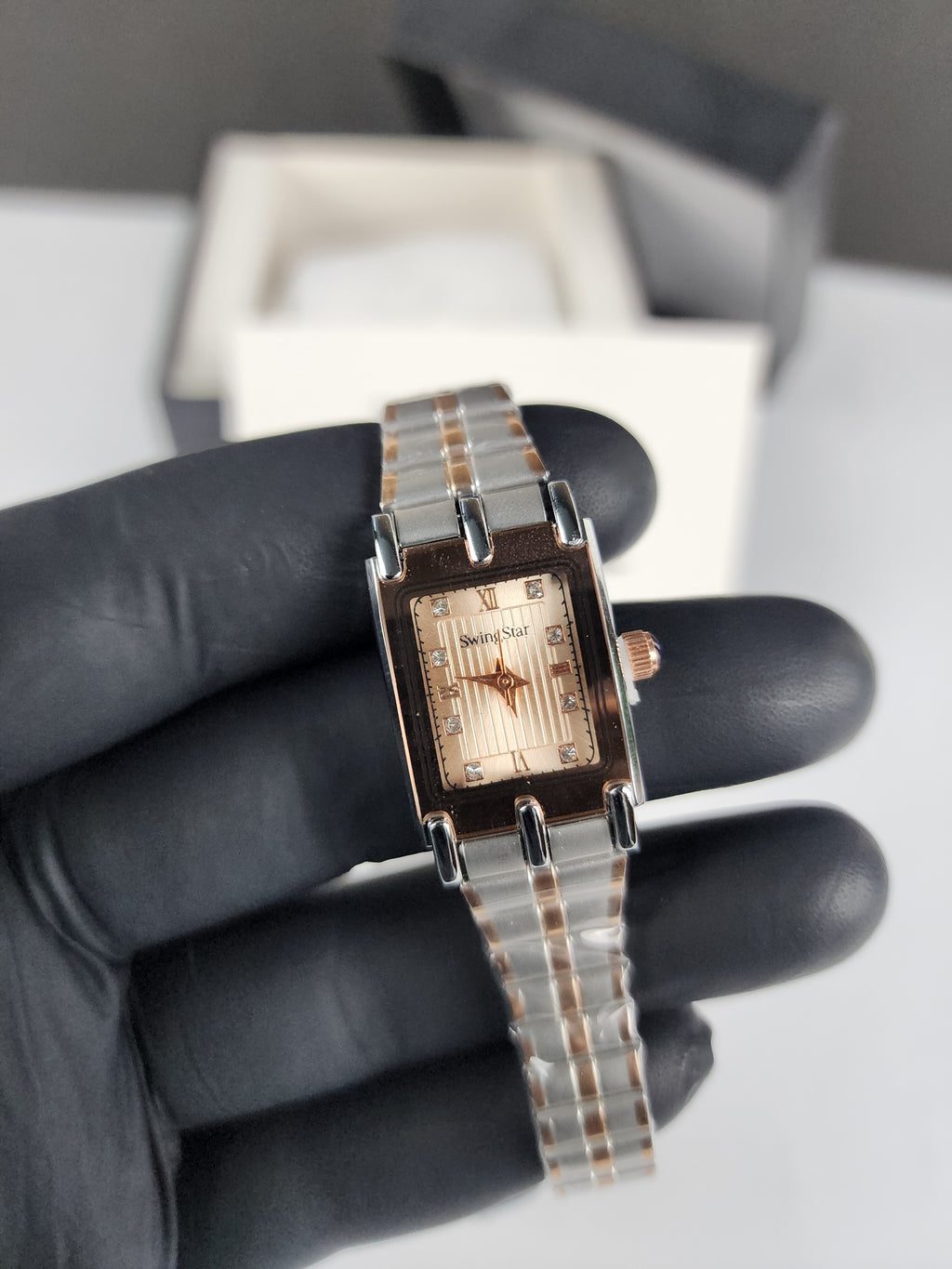 Swingstar Premium Ladies Rectangular Watch - Two Tone - Rose Copper - Metallic Sand Stone Dial