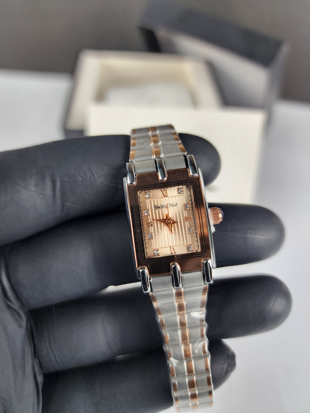 Swingstar Premium Ladies Rectangular Watch - Two Tone - Rose Copper - Metallic Sand Stone Dial