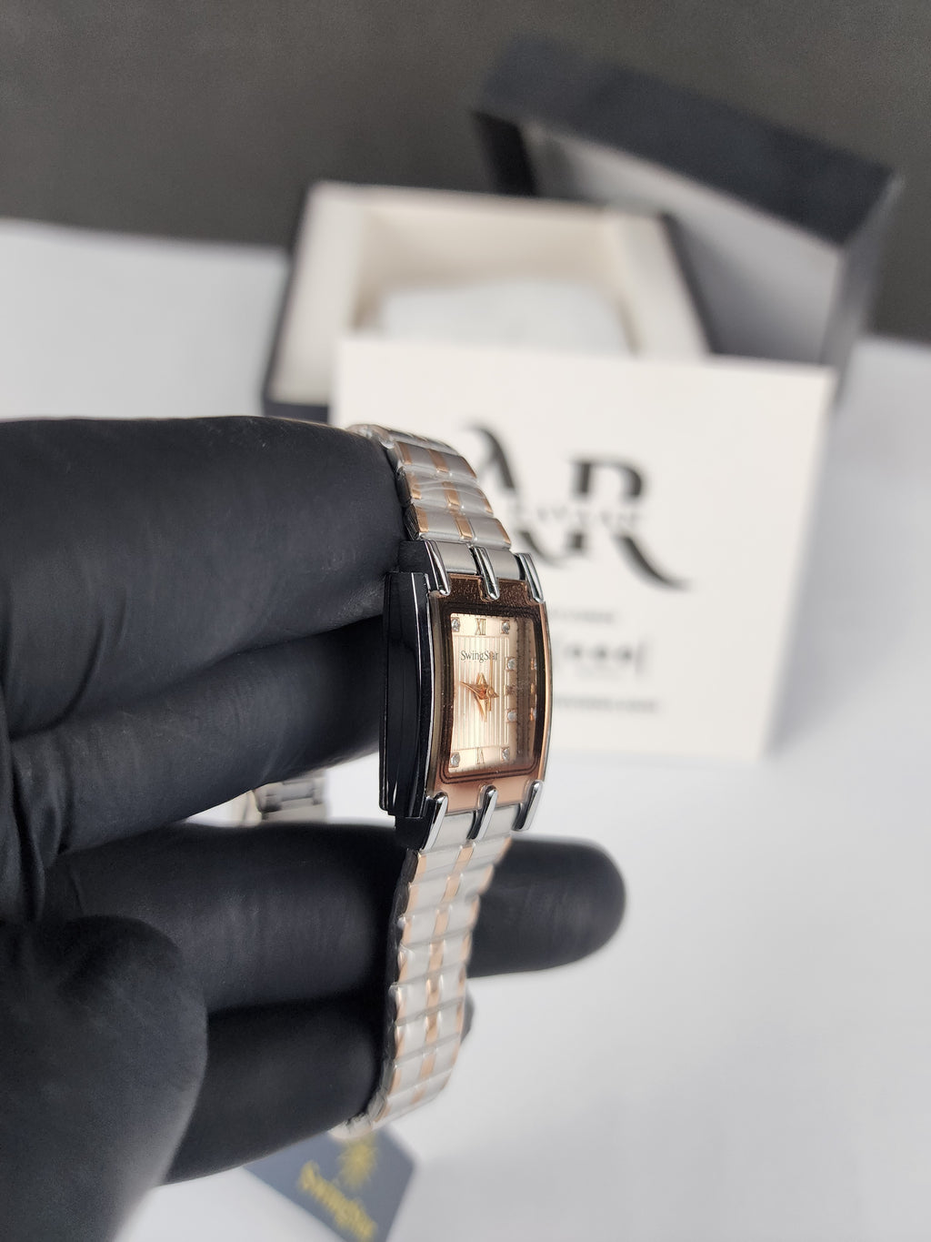 Swingstar Premium Ladies Rectangular Watch - Two Tone - Rose Copper - Metallic Sand Stone Dial