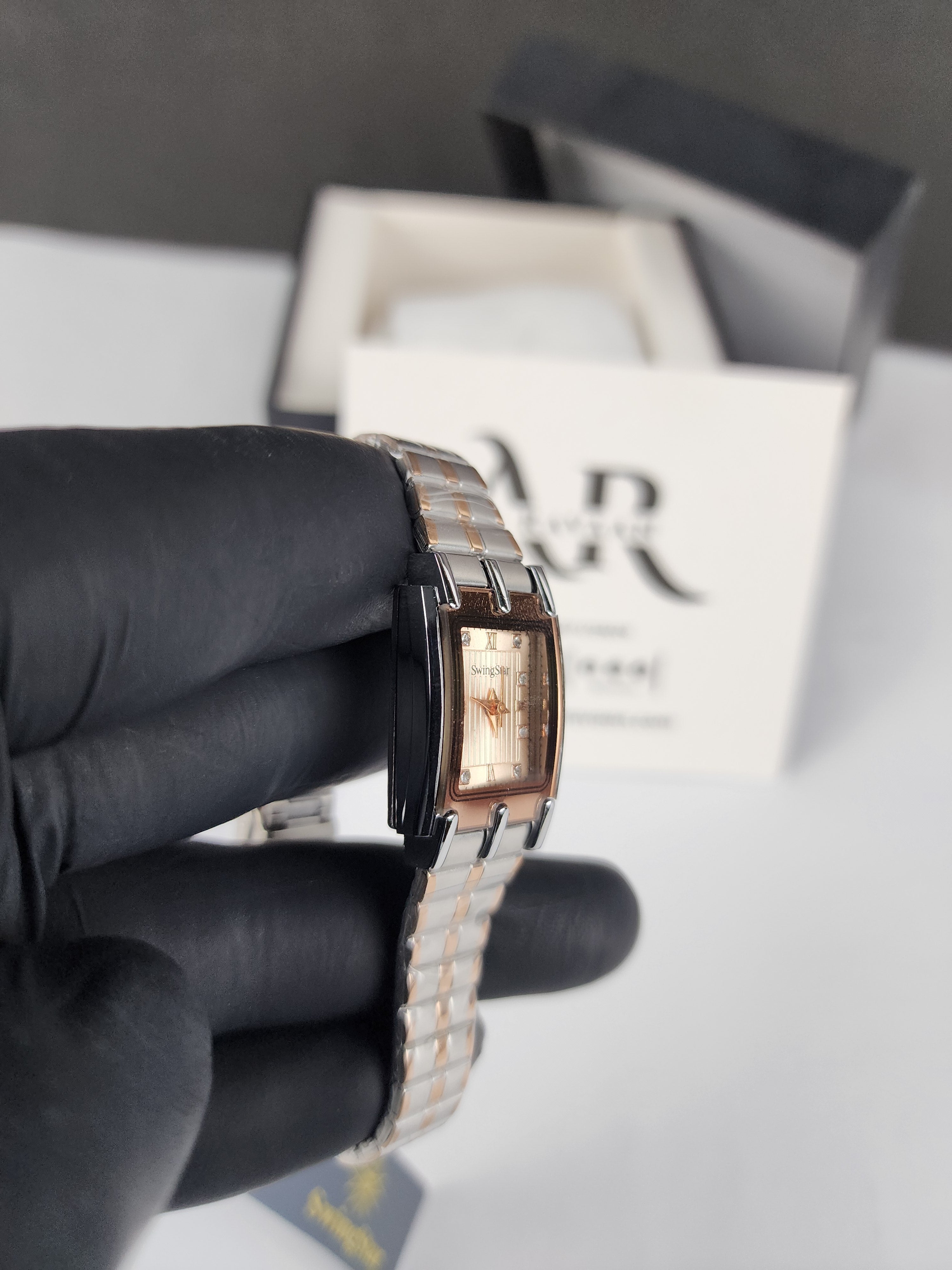 Swingstar Premium Ladies Rectangular Watch - Two Tone - Rose Copper - Metallic Sand Stone Dial