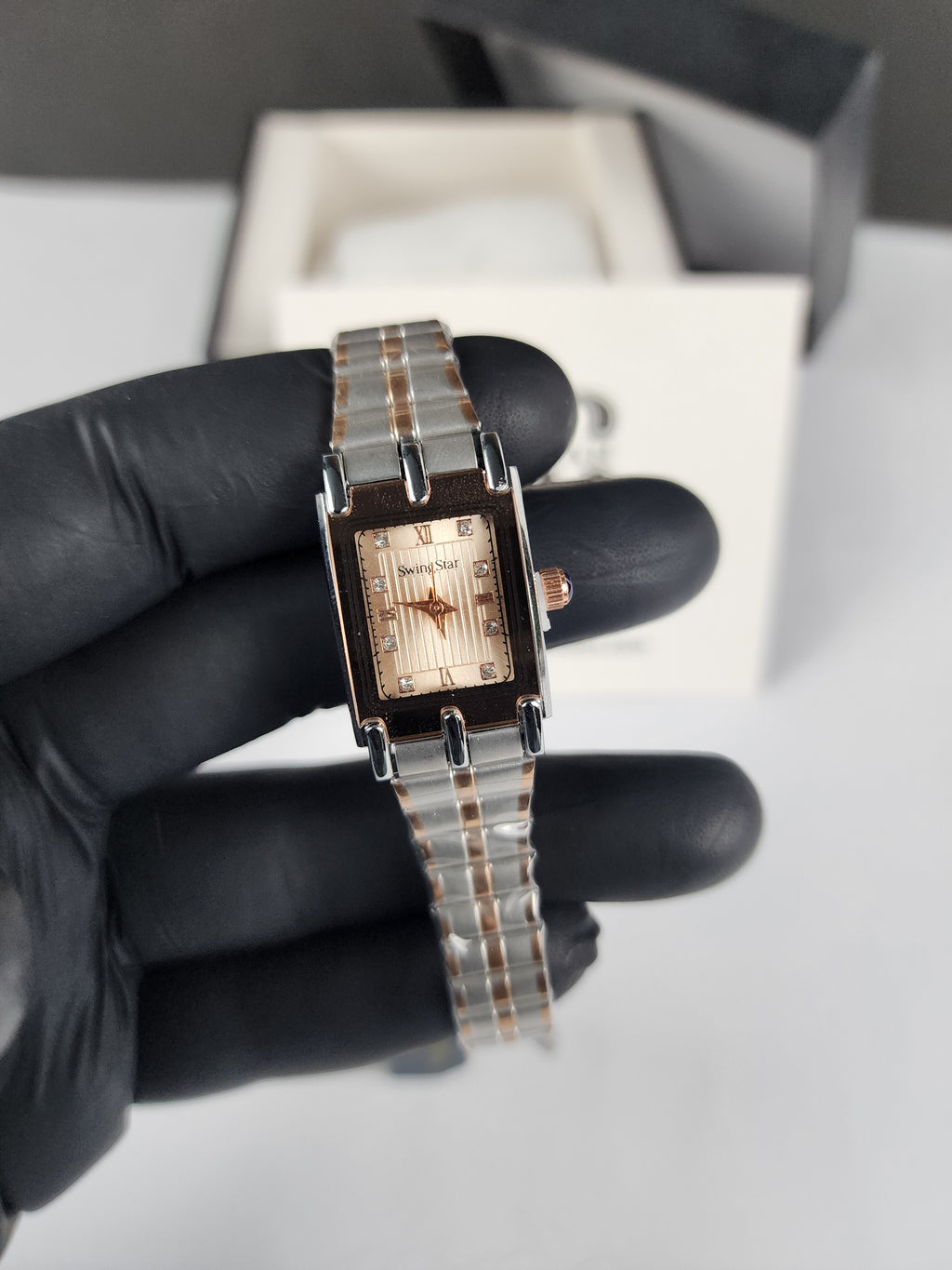 Swingstar Premium Ladies Rectangular Watch - Two Tone - Rose Copper - Metallic Sand Stone Dial