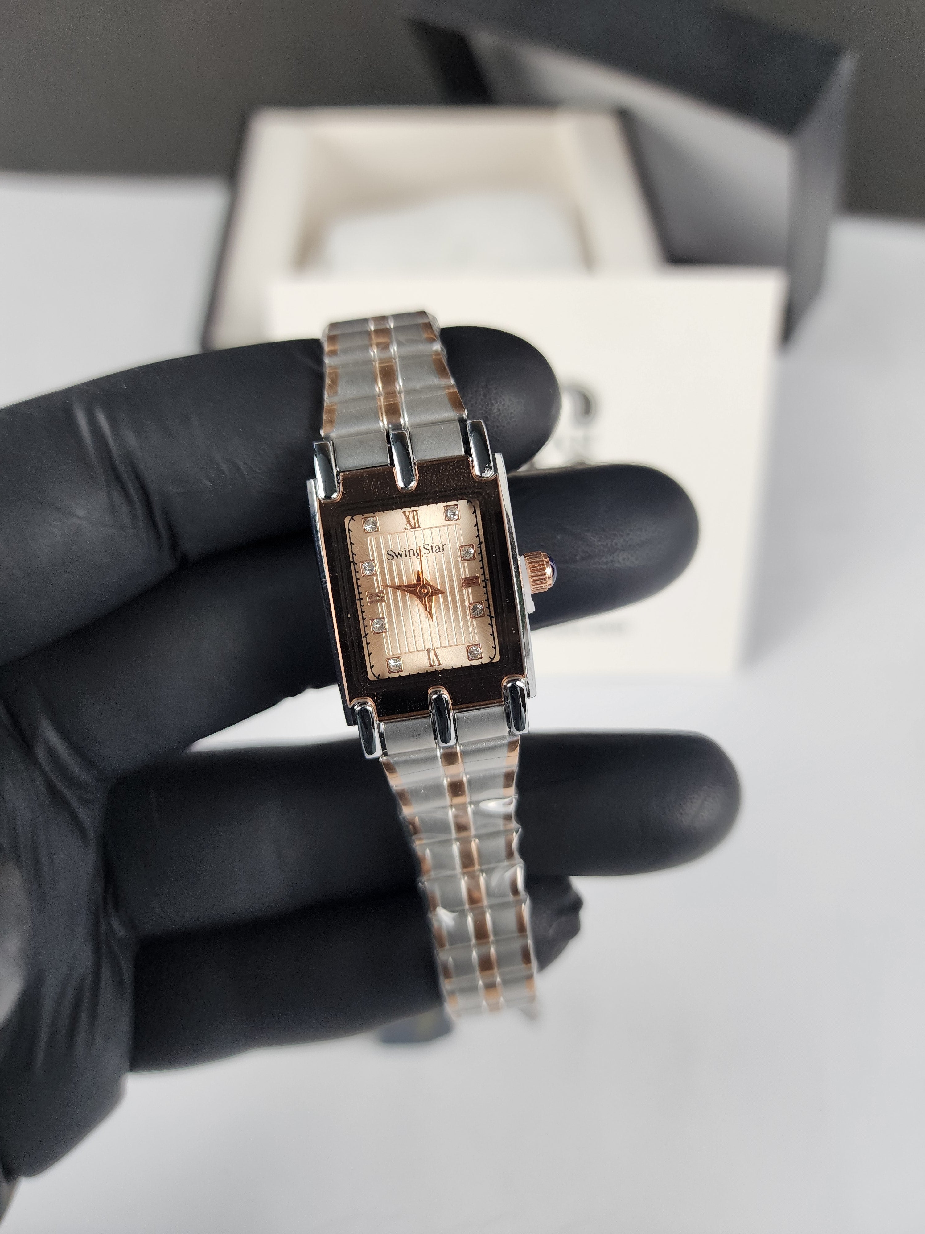 Swingstar Premium Ladies Rectangular Watch - Two Tone - Rose Copper - Metallic Sand Stone Dial