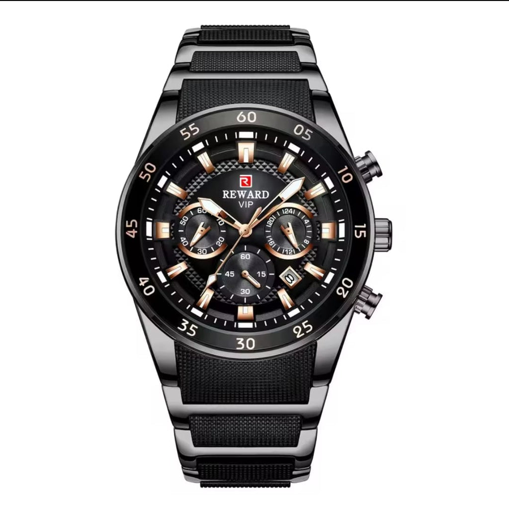 Reward VIP Premium Men's Chronograph Watch - All Black Edition - Silicone & Steel Hybrid Strap
