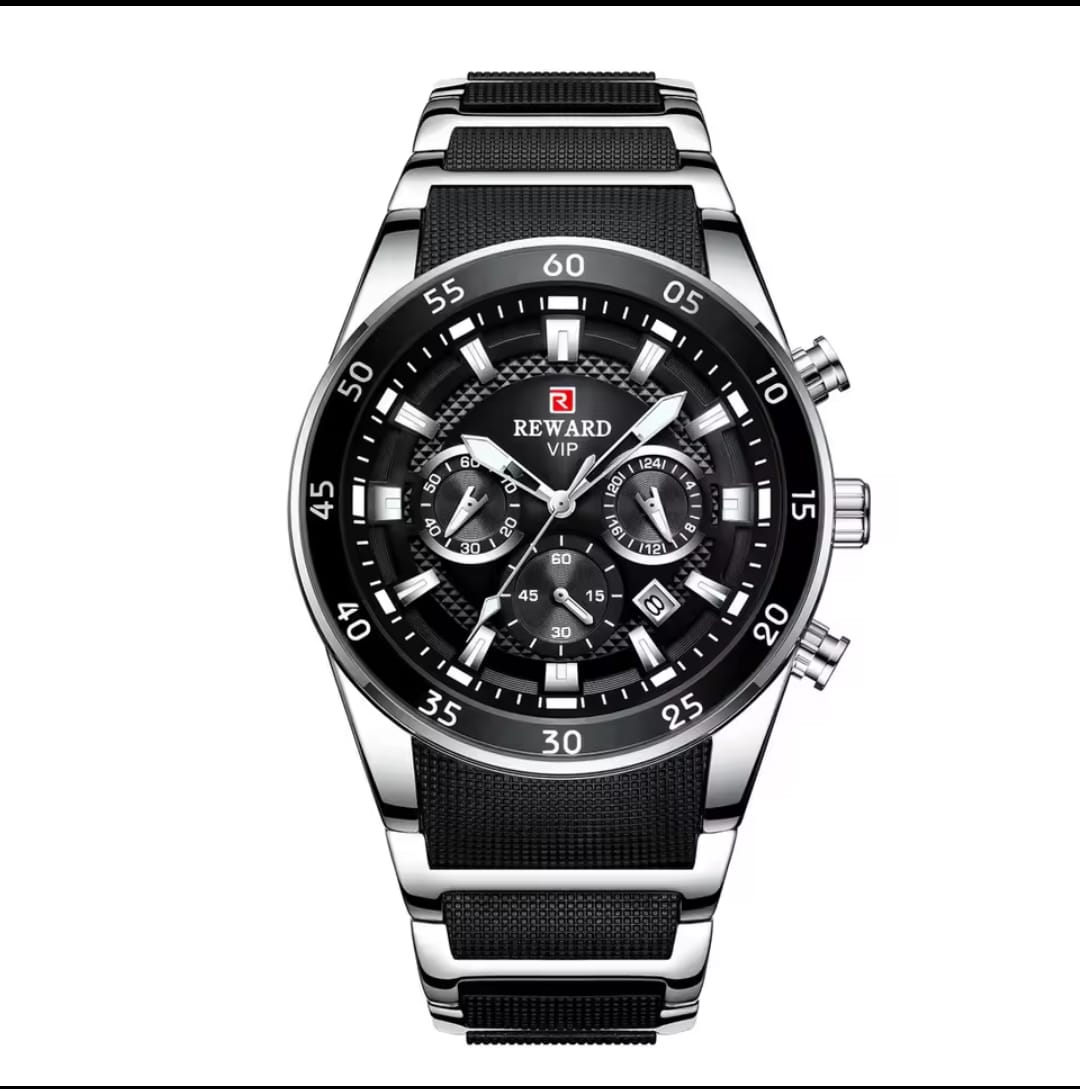 Reward VIP Premium Men's Chronograph Watch - Silver & Black - Silicone & Steel Hybrid Strap