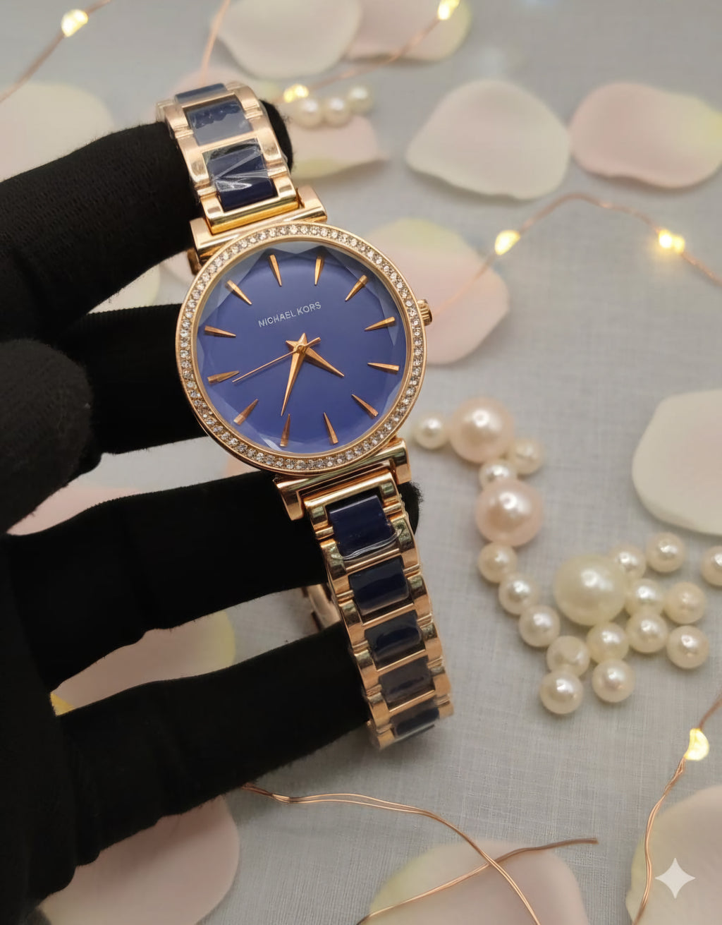 Michael Kors Ladies Stone Bezel Watch -  Rose Gold & Blue