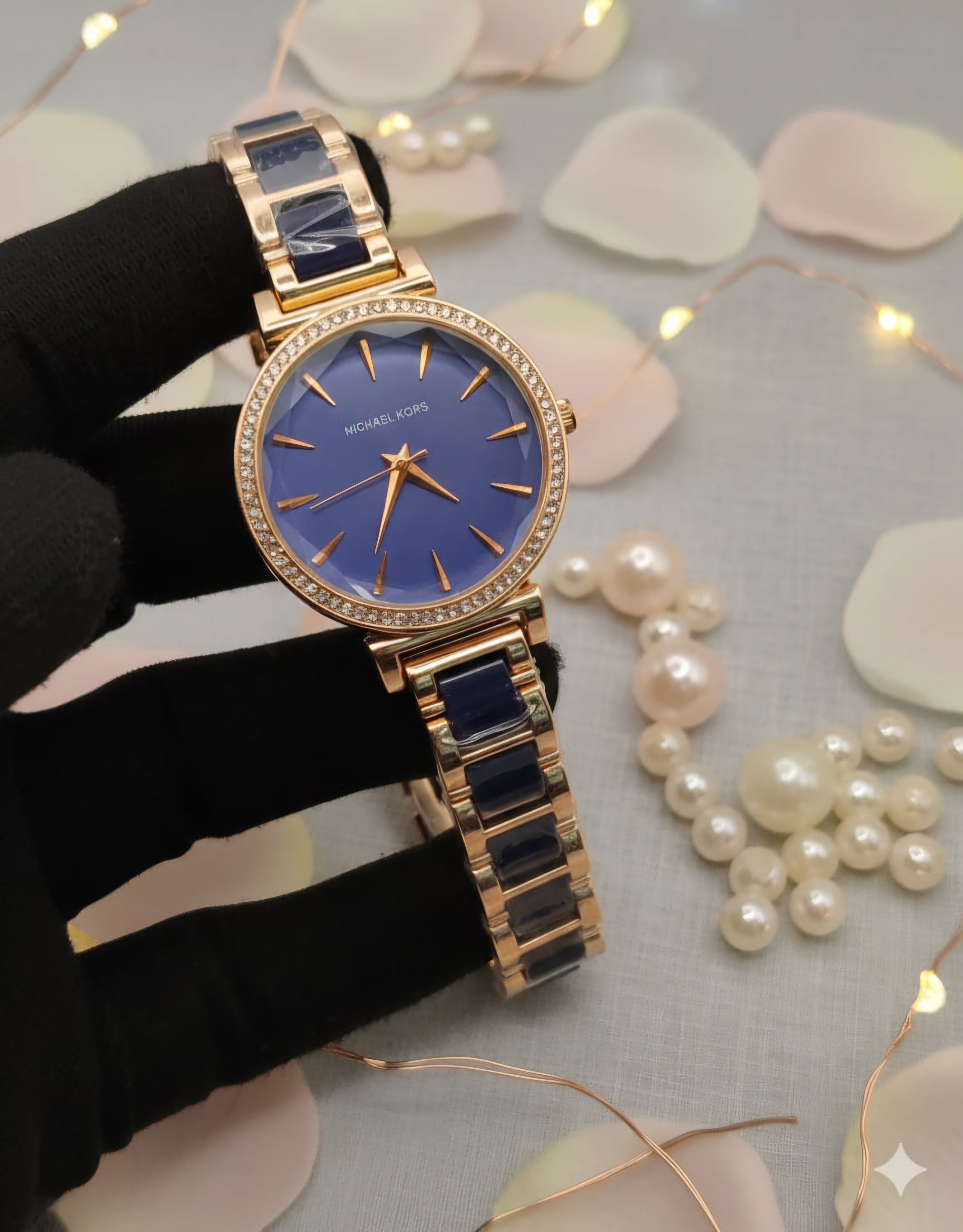 Michael Kors Ladies Stone Bezel Watch -  Rose Gold & Blue