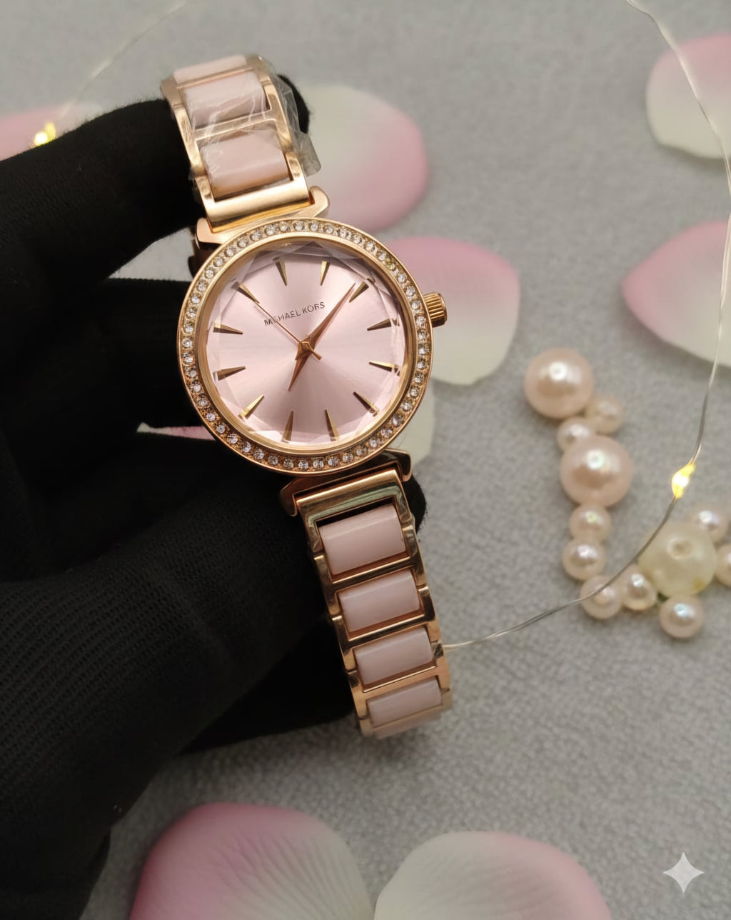 Michael Kors Ladies Stone Bezel Watch -  Rose Gold & Pink