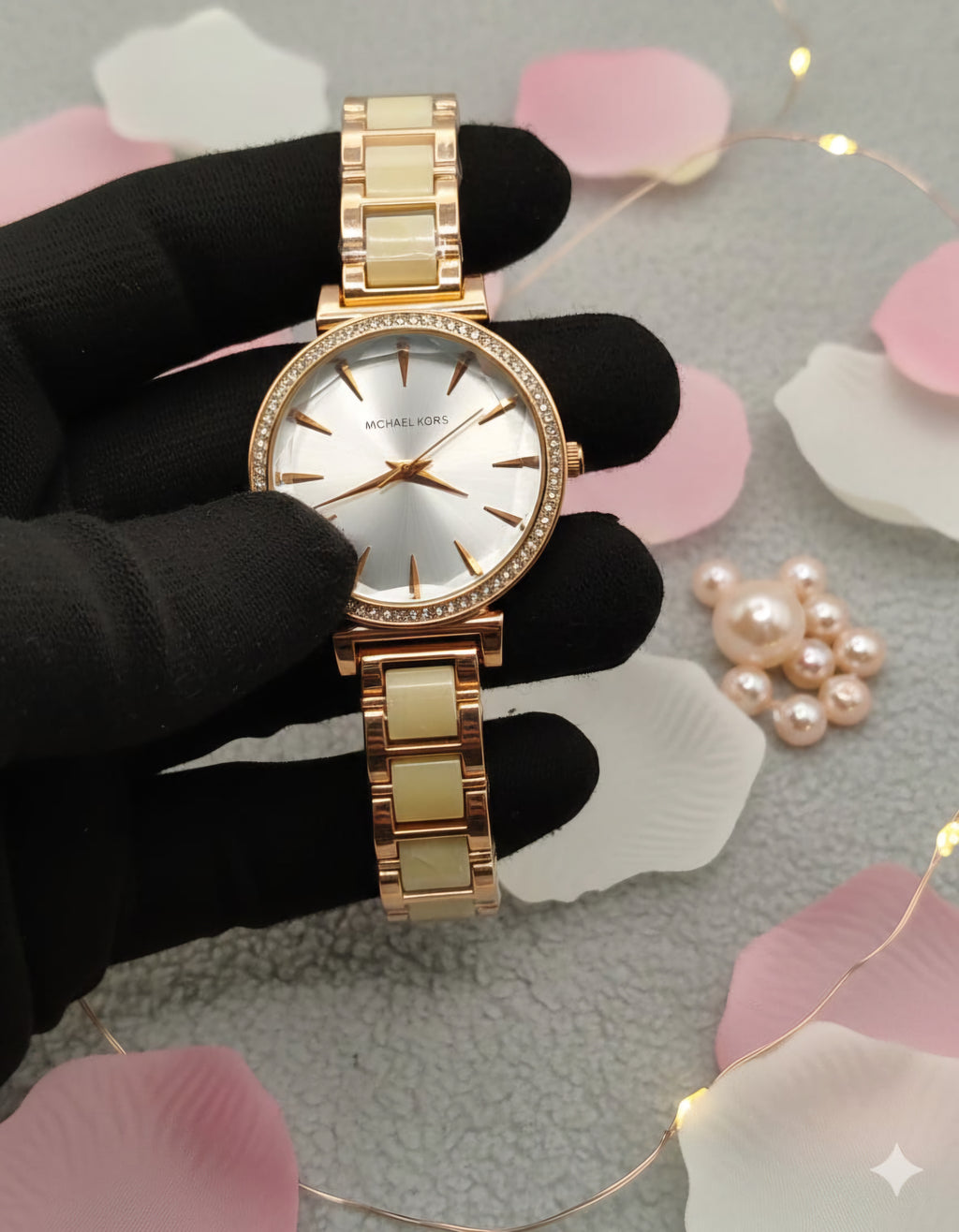 Michael Kors Ladies Stone Bezel Watch - Rose Gold & Golden Yellow - Silver Dial
