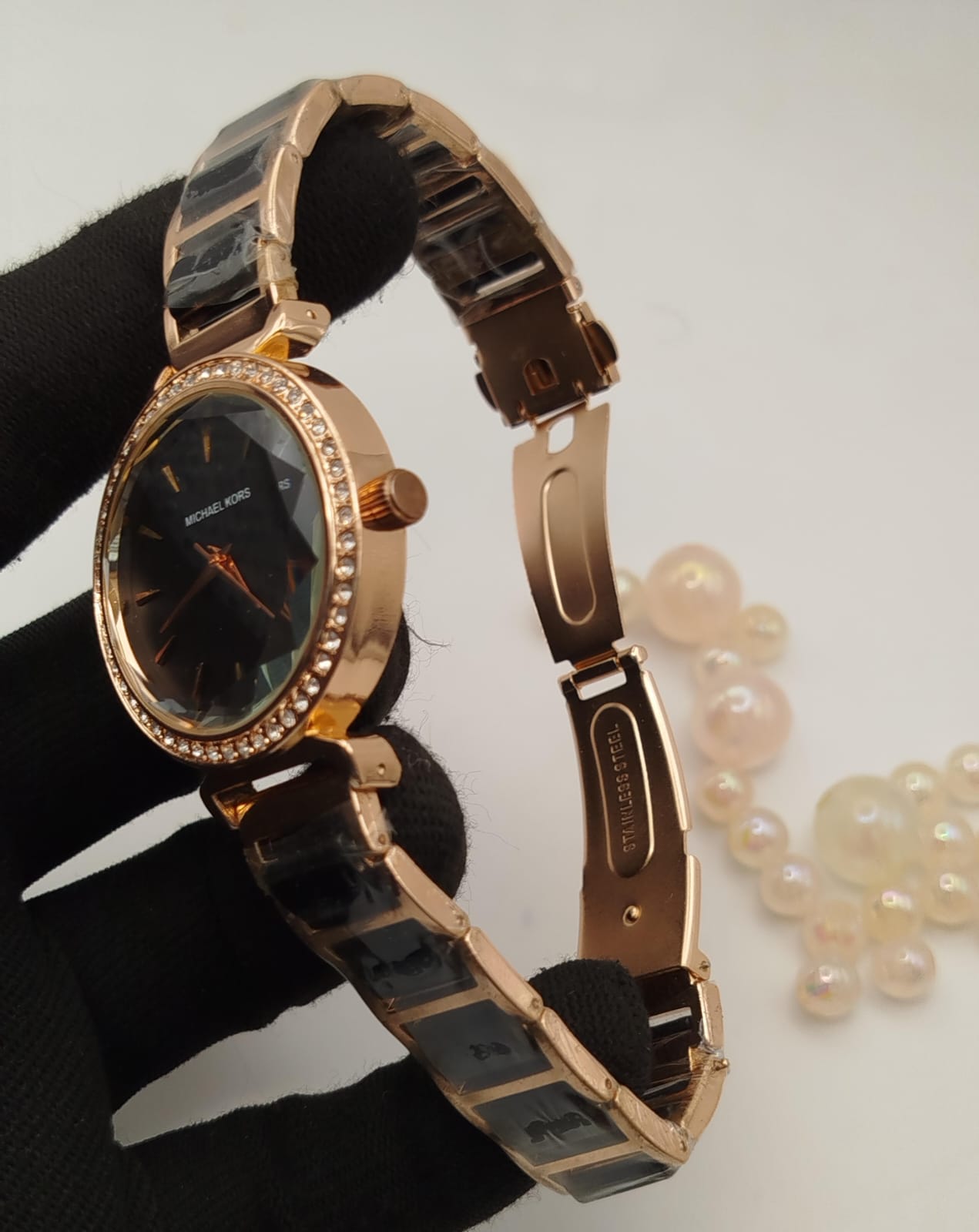 Michael Kors Ladies Stone Bezel Watch -  Rose Gold & Black