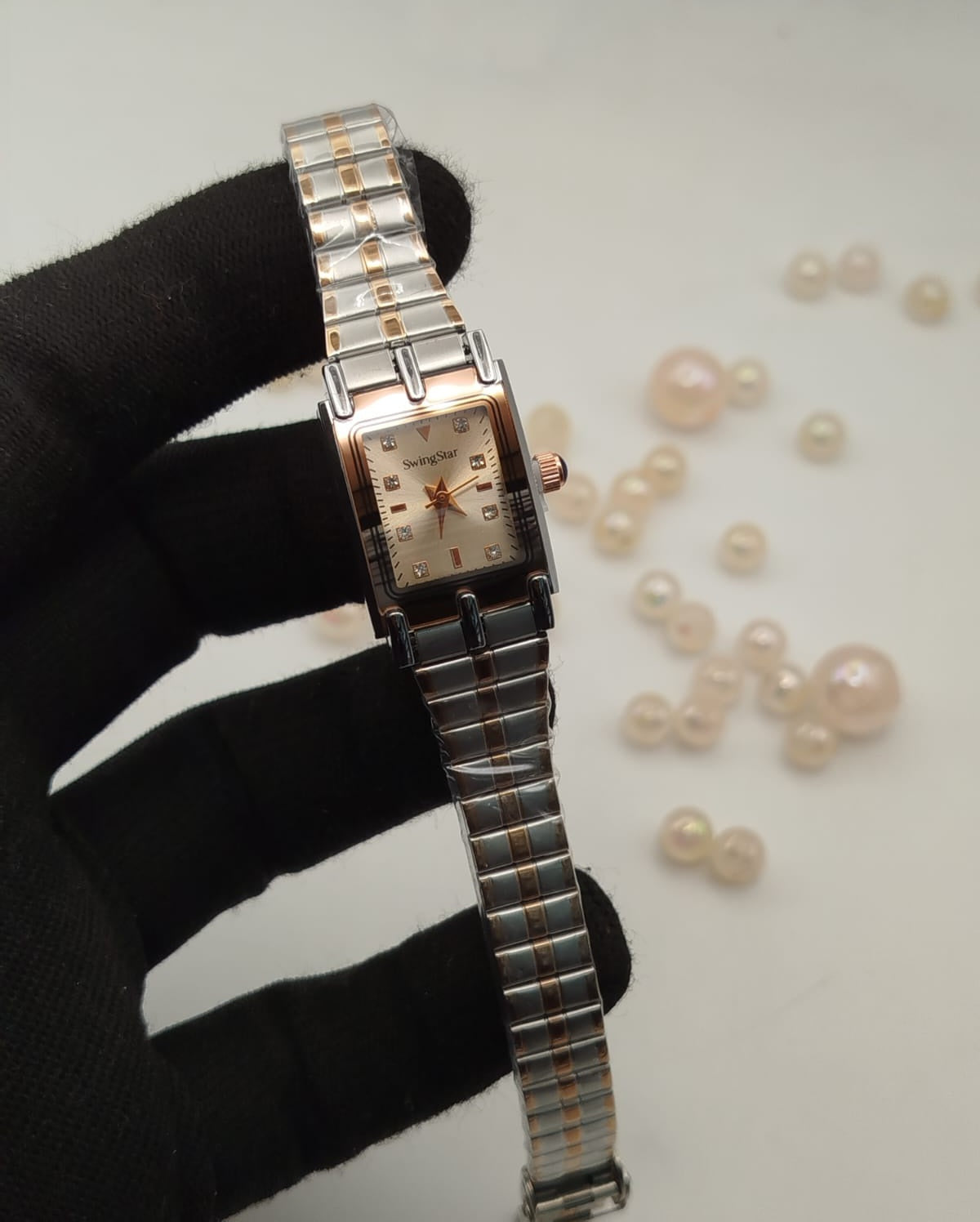 Swingstar Premium Ladies Rectangular Watch - Two Tone - Rose Copper - Metallic Sand Stone Dial