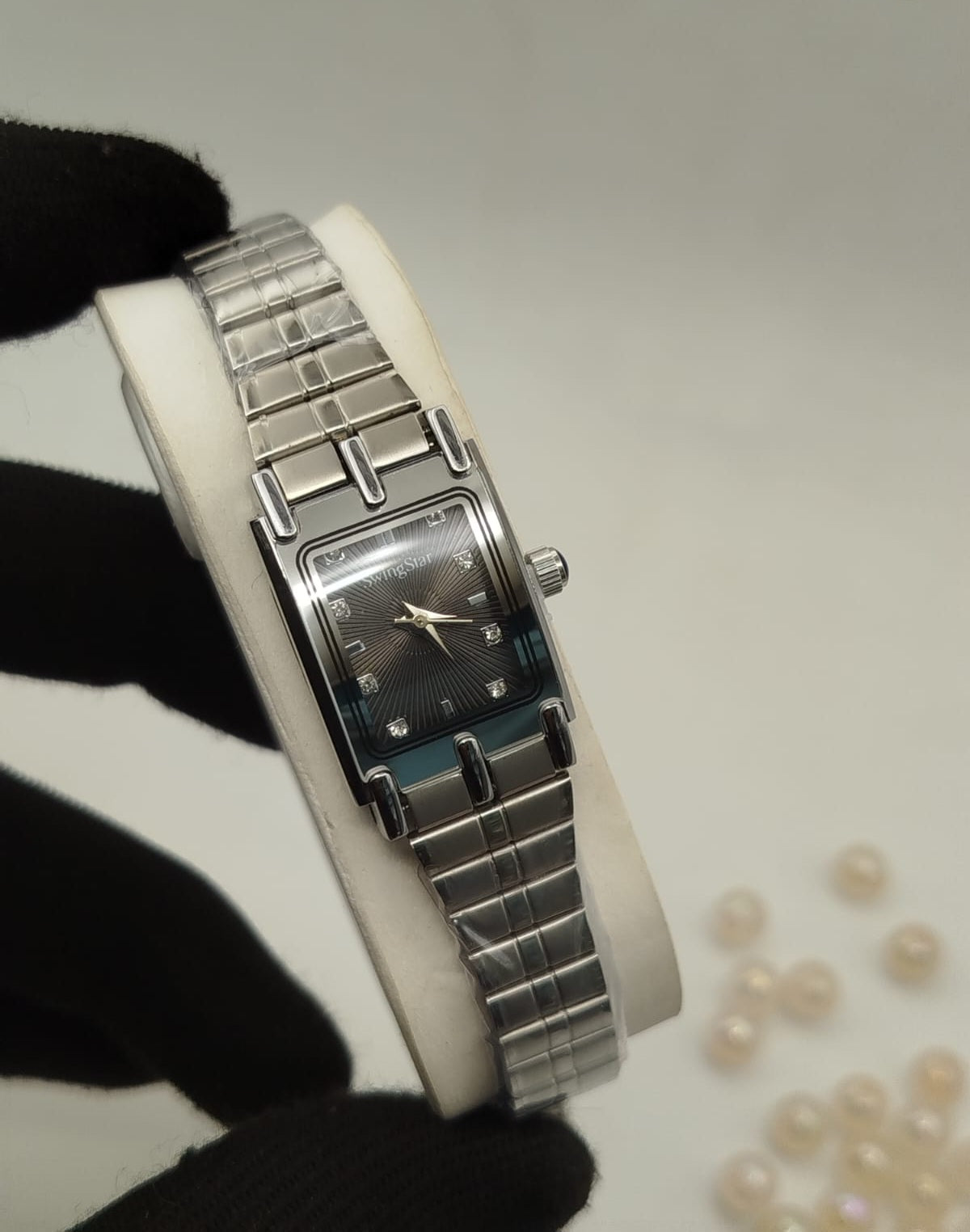 Swingstar Premium Ladies Rectangular Watch - Silver - Black Stone Dial
