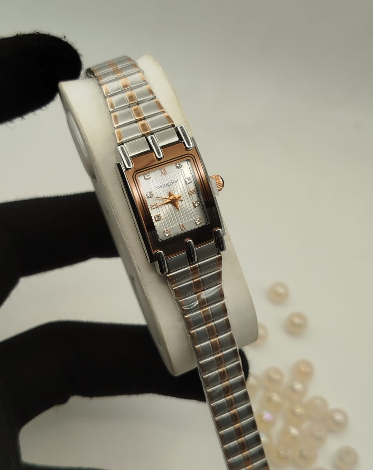 Swingstar Premium Ladies Rectangular Watch - Two Tone - Rose Copper - Silver Stone Dial