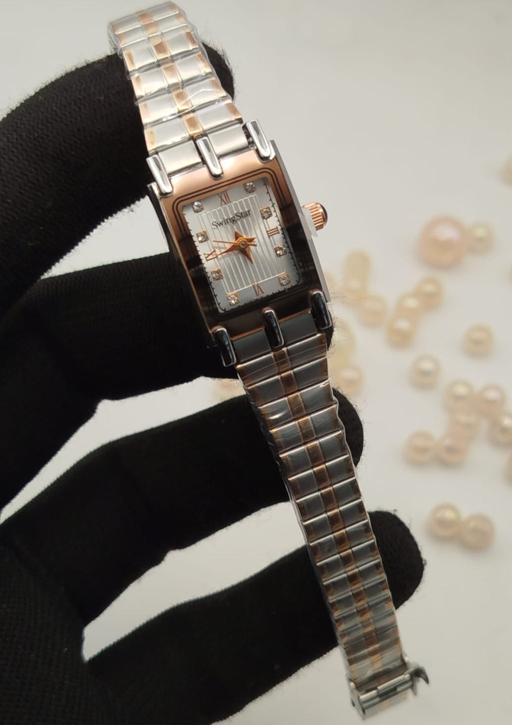Swingstar Premium Ladies Rectangular Watch - Two Tone - Rose Copper - Silver Stone Dial