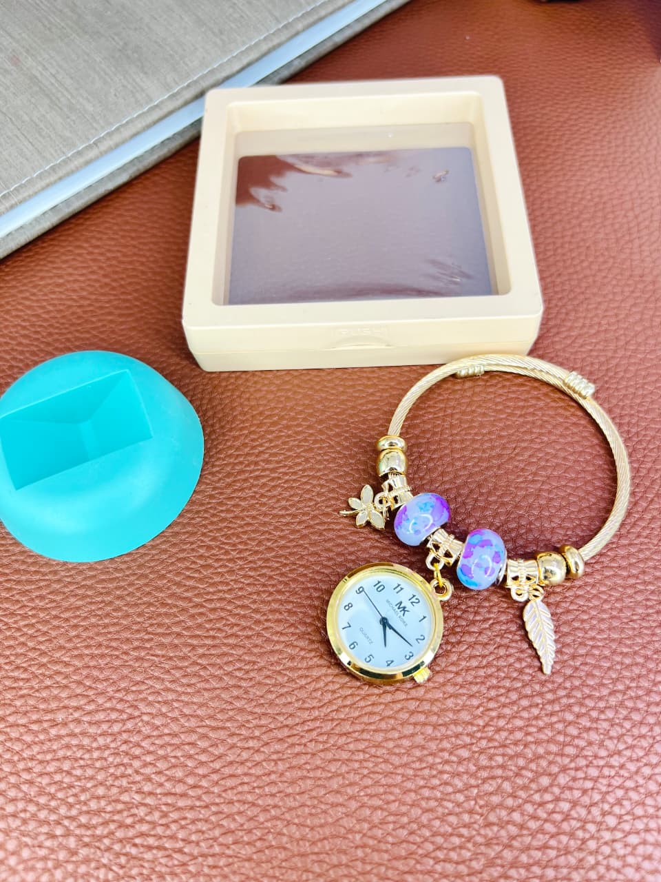 MK Ladies Charm Bracelet Style Watch - Golden Finish - Assorted Beads & Charms