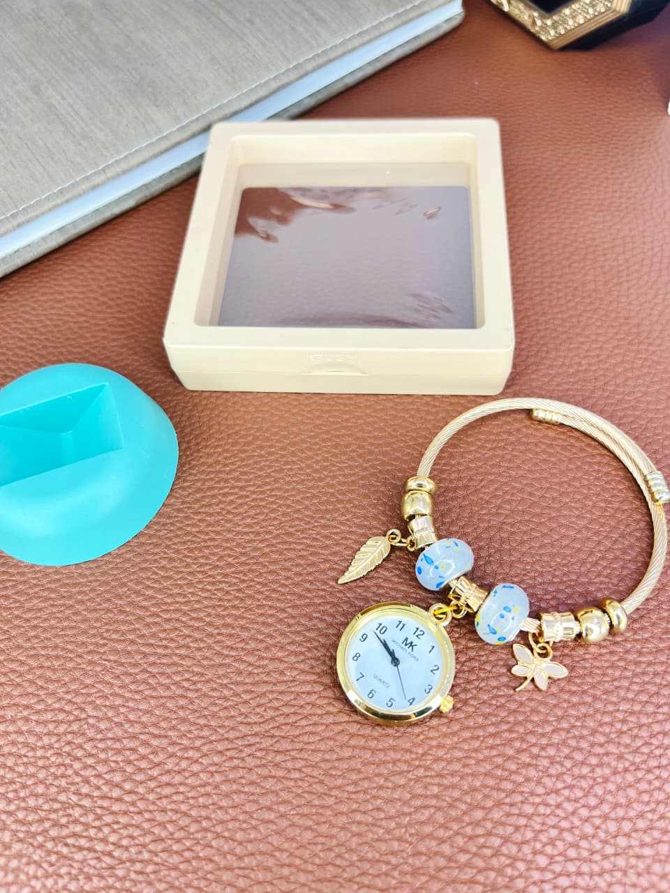 MK Ladies Charm Bracelet Style Watch - Golden Finish - Assorted Beads & Charms