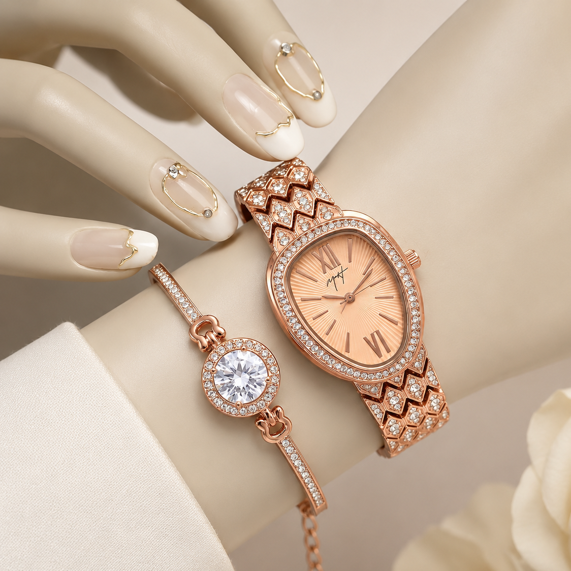 Combo Deal - MH Serpentine Elegant Watch & Bracelet Gift Set - Rose Gold