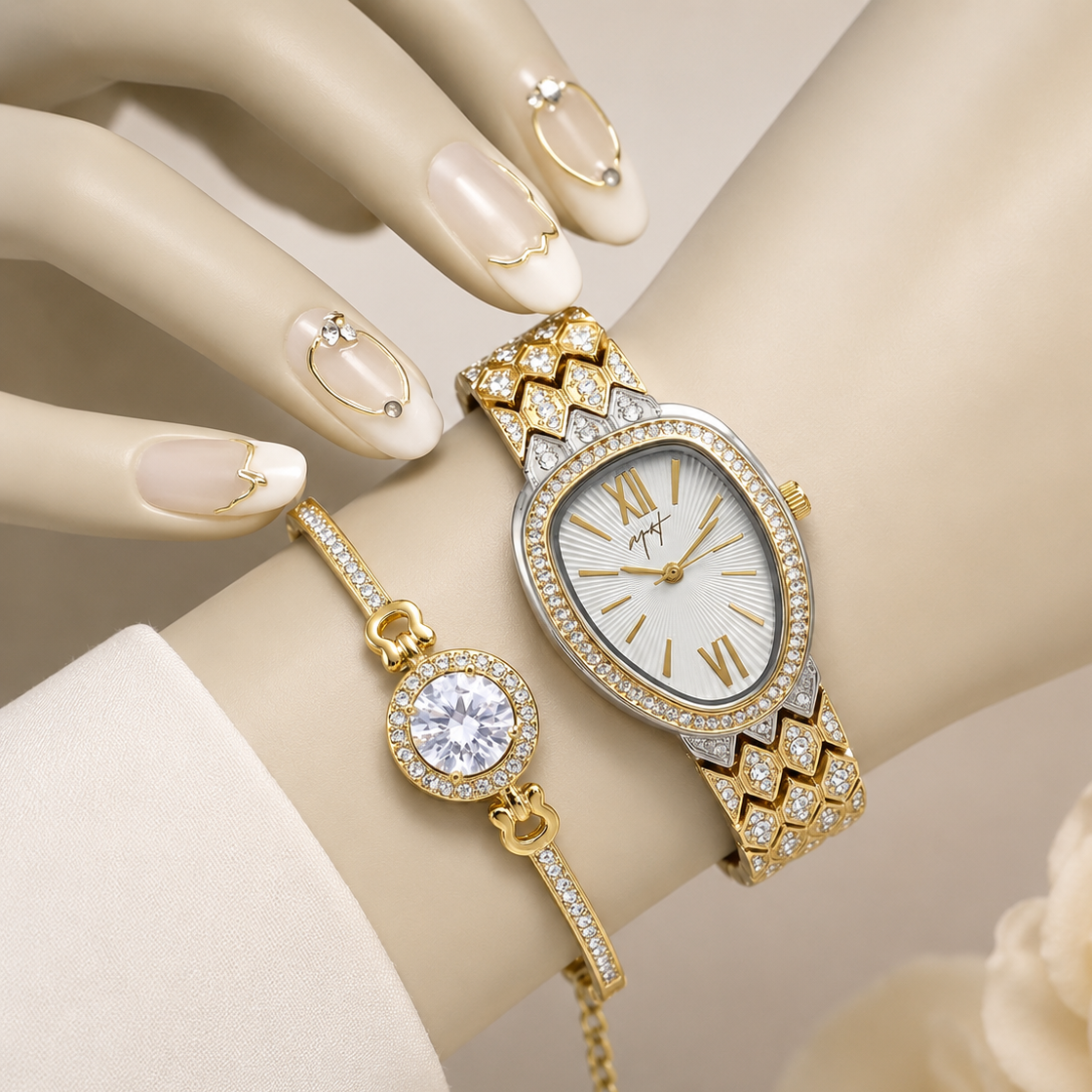 Combo Deal - MH Serpentine Elegant Watch & Bracelet Gift Set - Gold & Silver