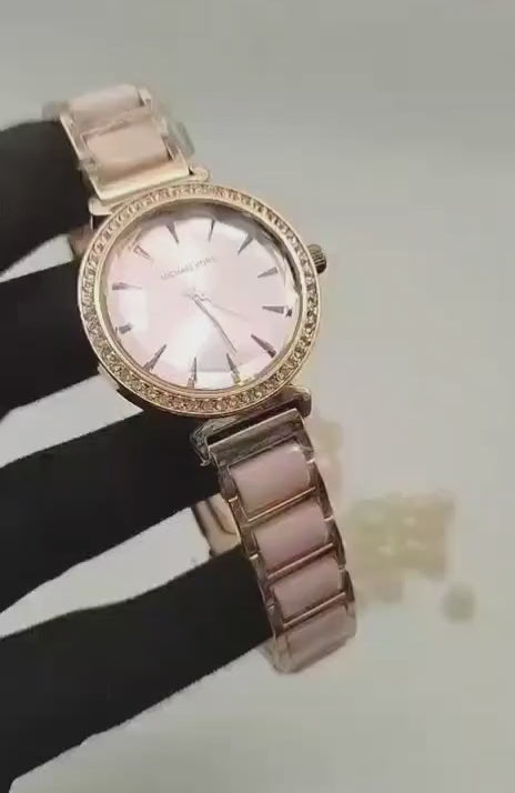 Michael Kors Ladies Stone Bezel Watch - Rose Gold & Golden Yellow - Silver Dial